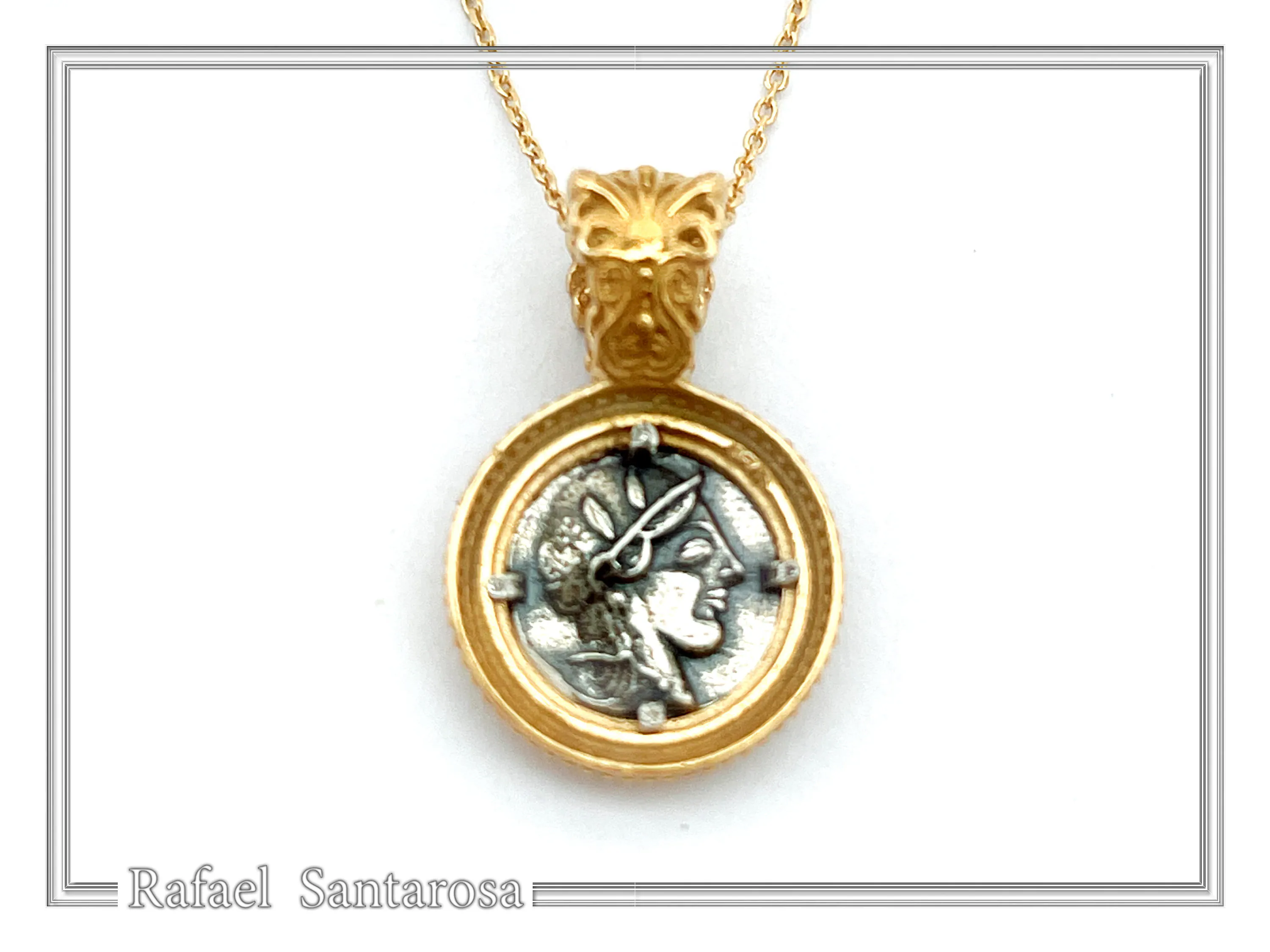 Athena Owl Tetradrachm Coin Antefix Pendant: Sterling Silver oxidised on 18K Gold-Filled Filigree Base — additional product image 7 from Rafael Santarosa Fine Jewelry