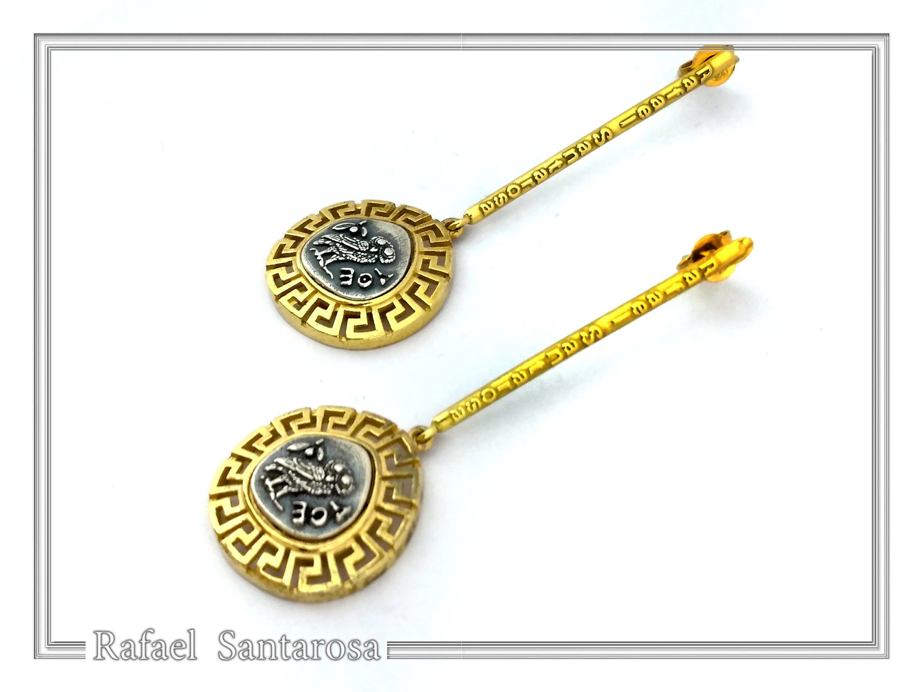 Athena Owl Tetradrachm Greek Coin Dangle Drop Earrings: Museum Replicas Oxidized & Gold-Filled Silver — additional product image 2 from Rafael Santarosa Fine Jewelry