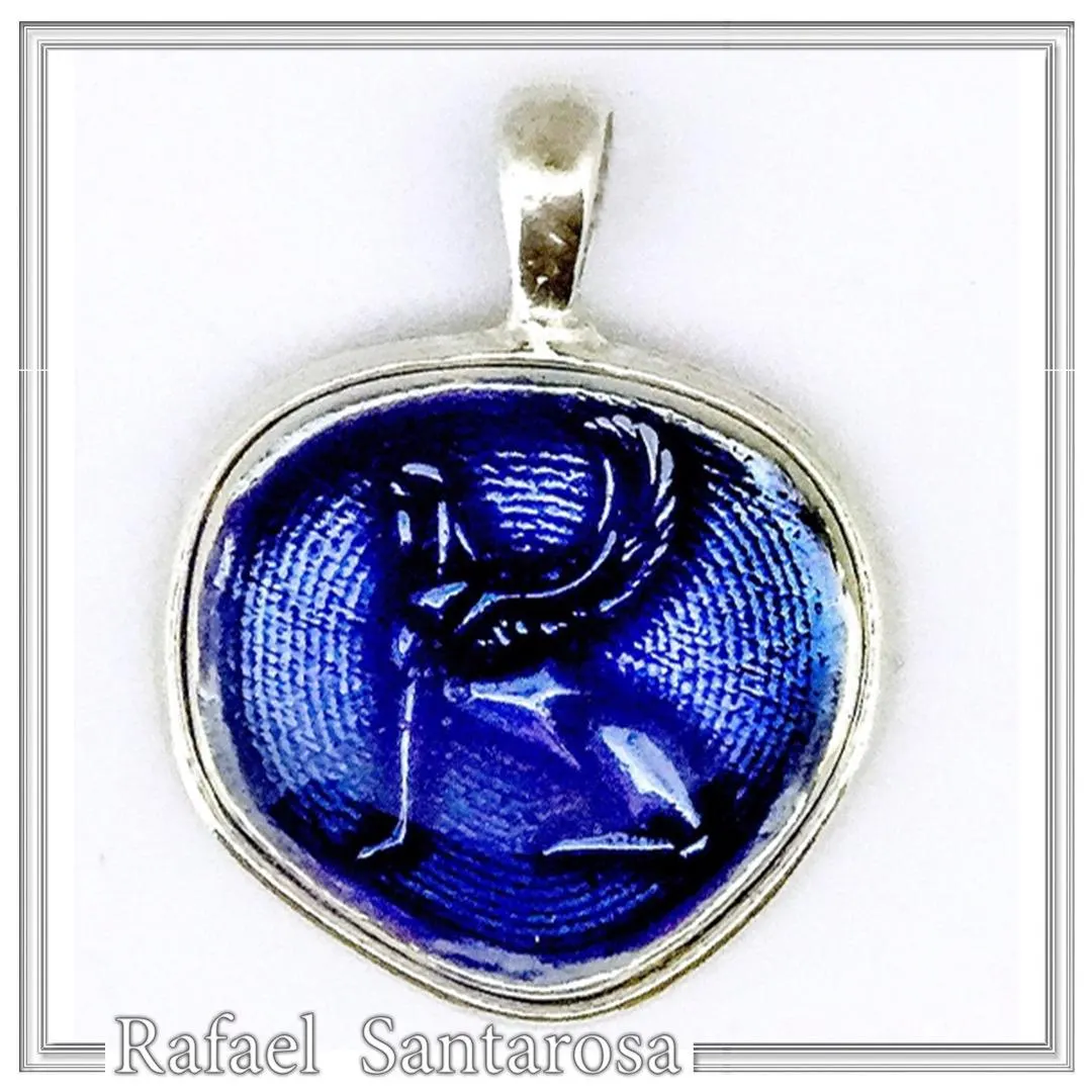 Sphinx of Delphi Greek Coin Necklace: Sky Blue Transparent Enamel on Sterling Silver Coin — additional product image 2 from Rafael Santarosa Fine Jewelry