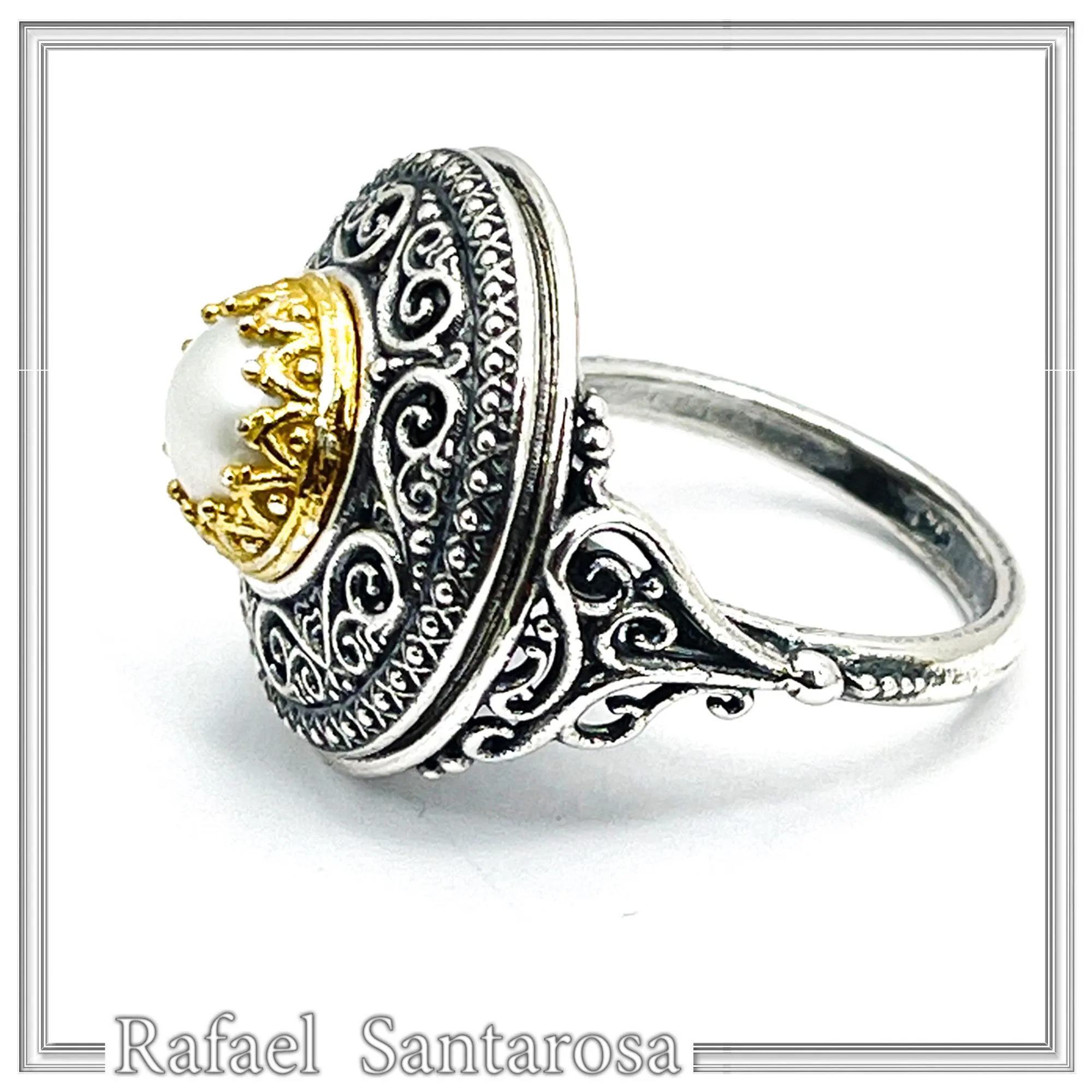 Oxidised sterling silver ring with 18k gold filled bezel and natural pearl center stone. — additional product image 3 from Rafael Santarosa Fine Jewelry