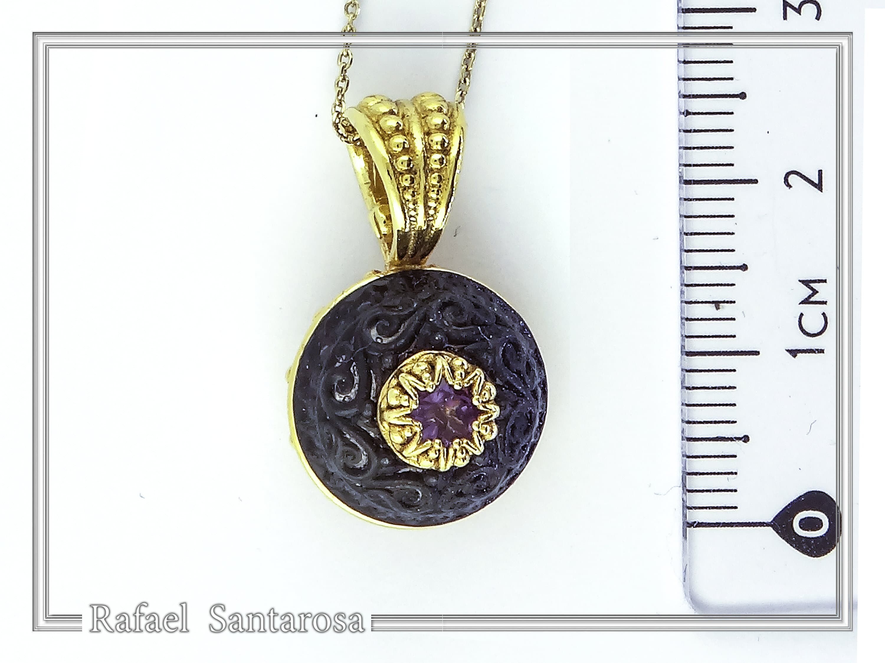 Art Deco Natural Amethyst Pendant: Oxidized and 18K Gold Filled Sterling Silver — additional product image 7 from Rafael Santarosa Fine Jewelry