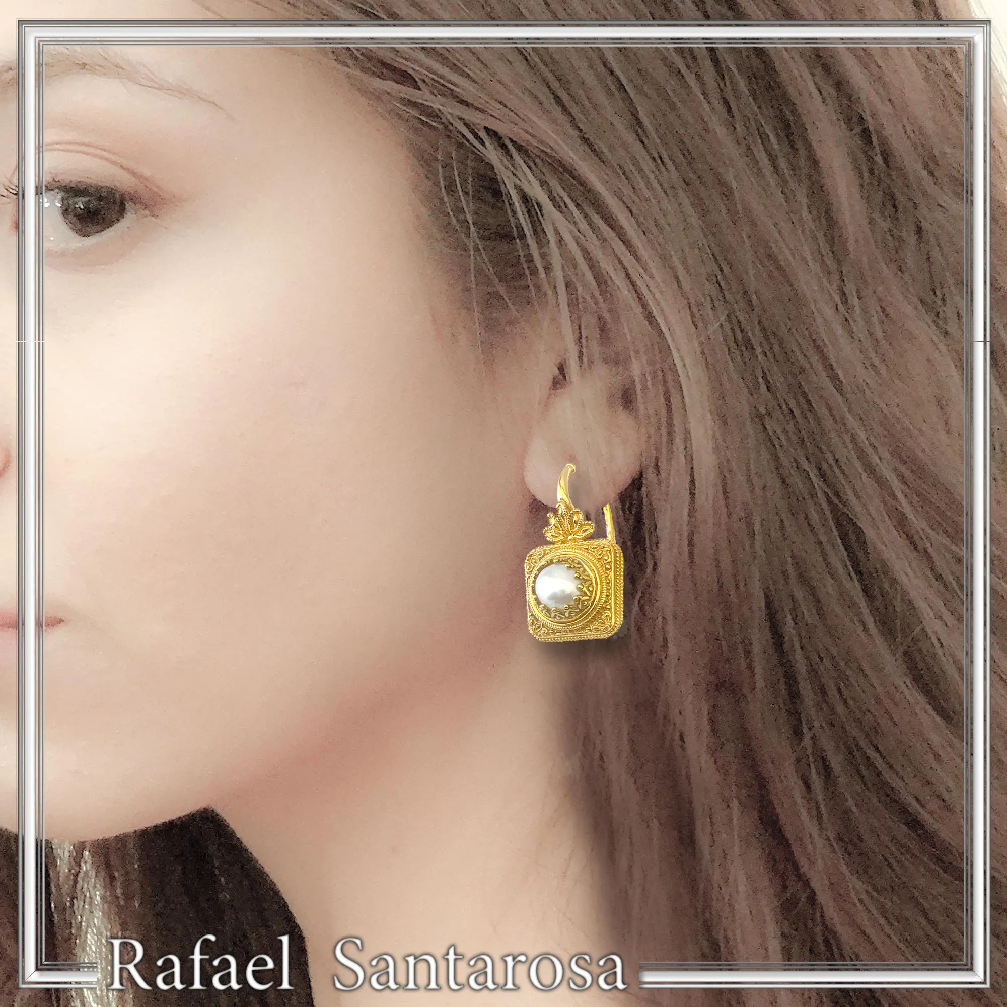 Ancient Greek Pearl Earrings: Sterling Silver 18K Gold-Filled Filigree Byzantine way Decoration — additional product image 2 from Rafael Santarosa Fine Jewelry