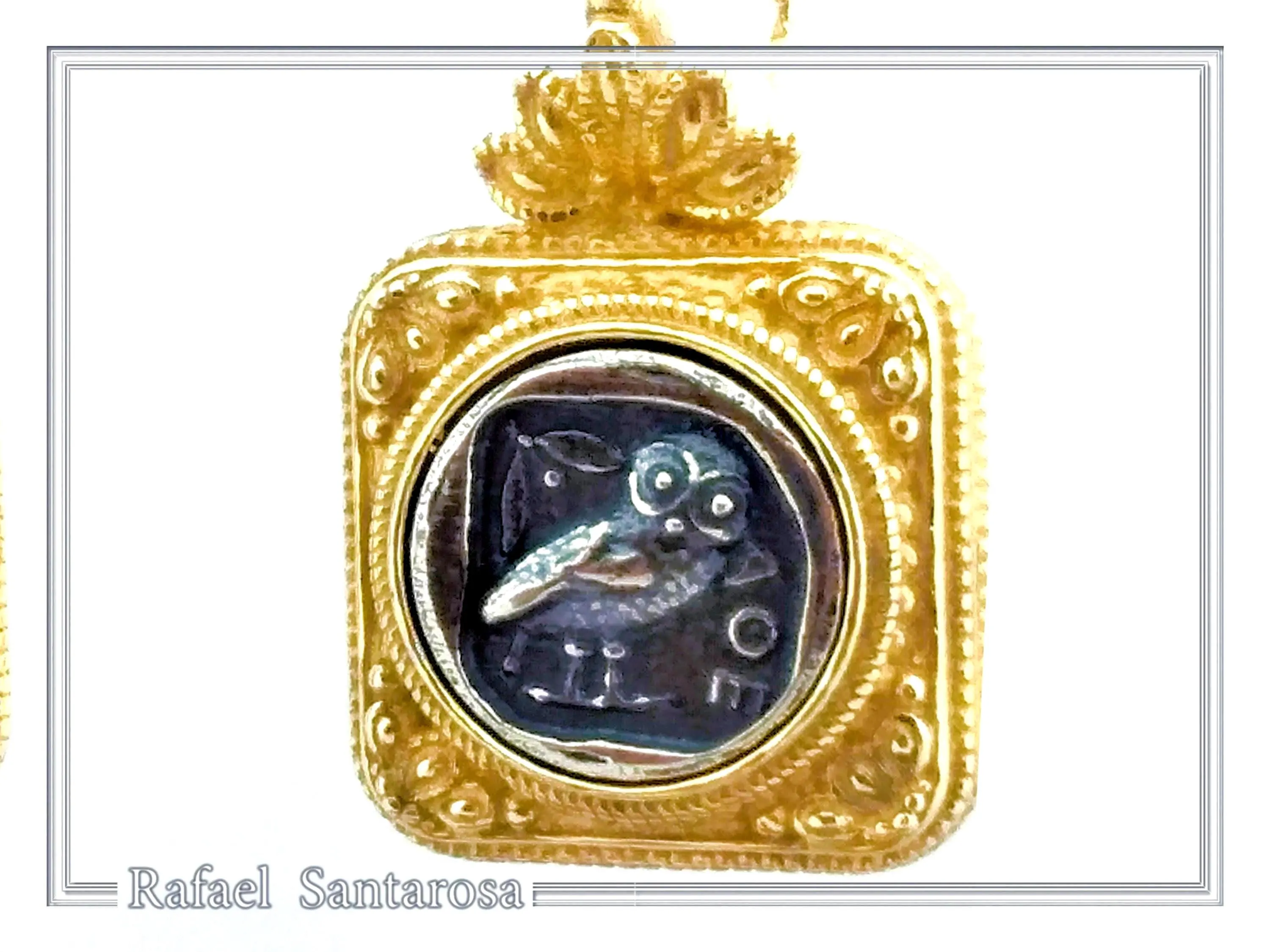 Athena Owl Coin Greek Museum Earrings: 18K Gold Filled Filigree and Oxidised Sterling Silver — additional product image 6 from Rafael Santarosa Fine Jewelry