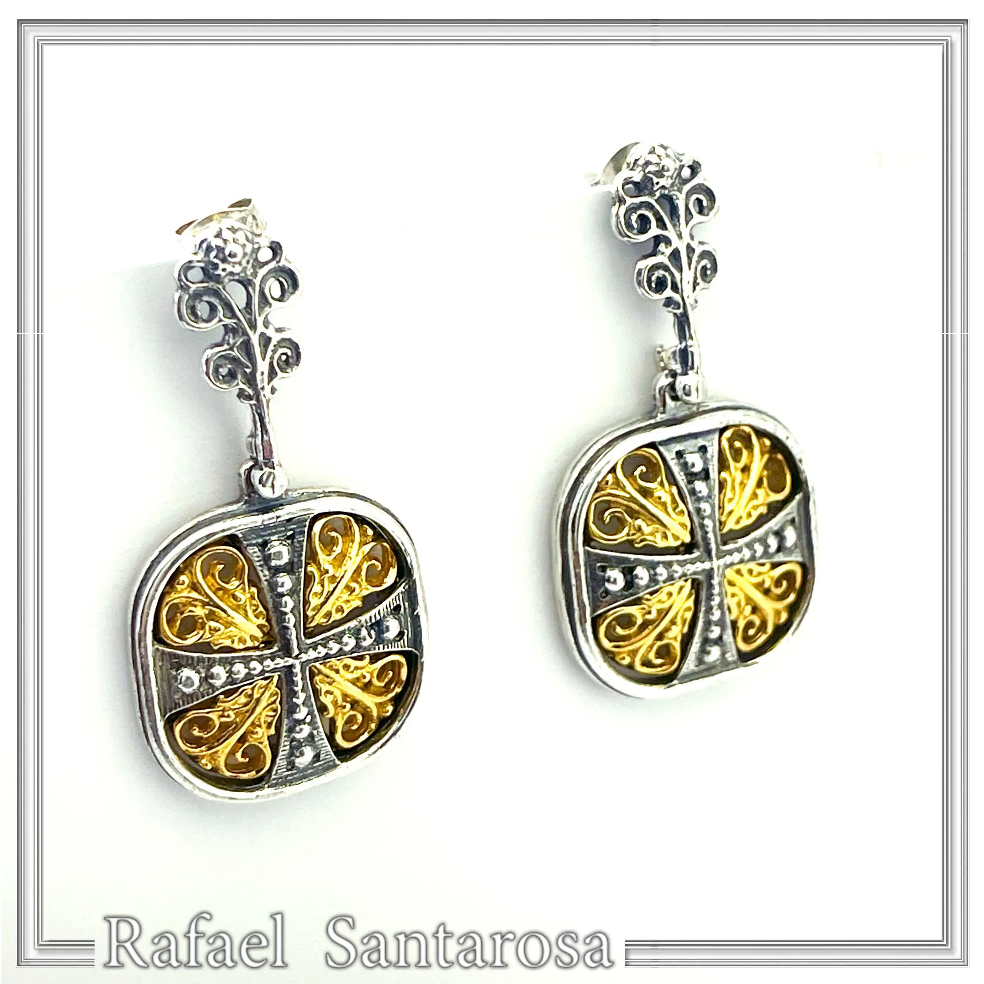 Byzantine Empire Orthodox Cross Earrings: Sterling Silver Oxidized & 18K Gold-Filled Filigree — additional product image 4 from Rafael Santarosa Fine Jewelry