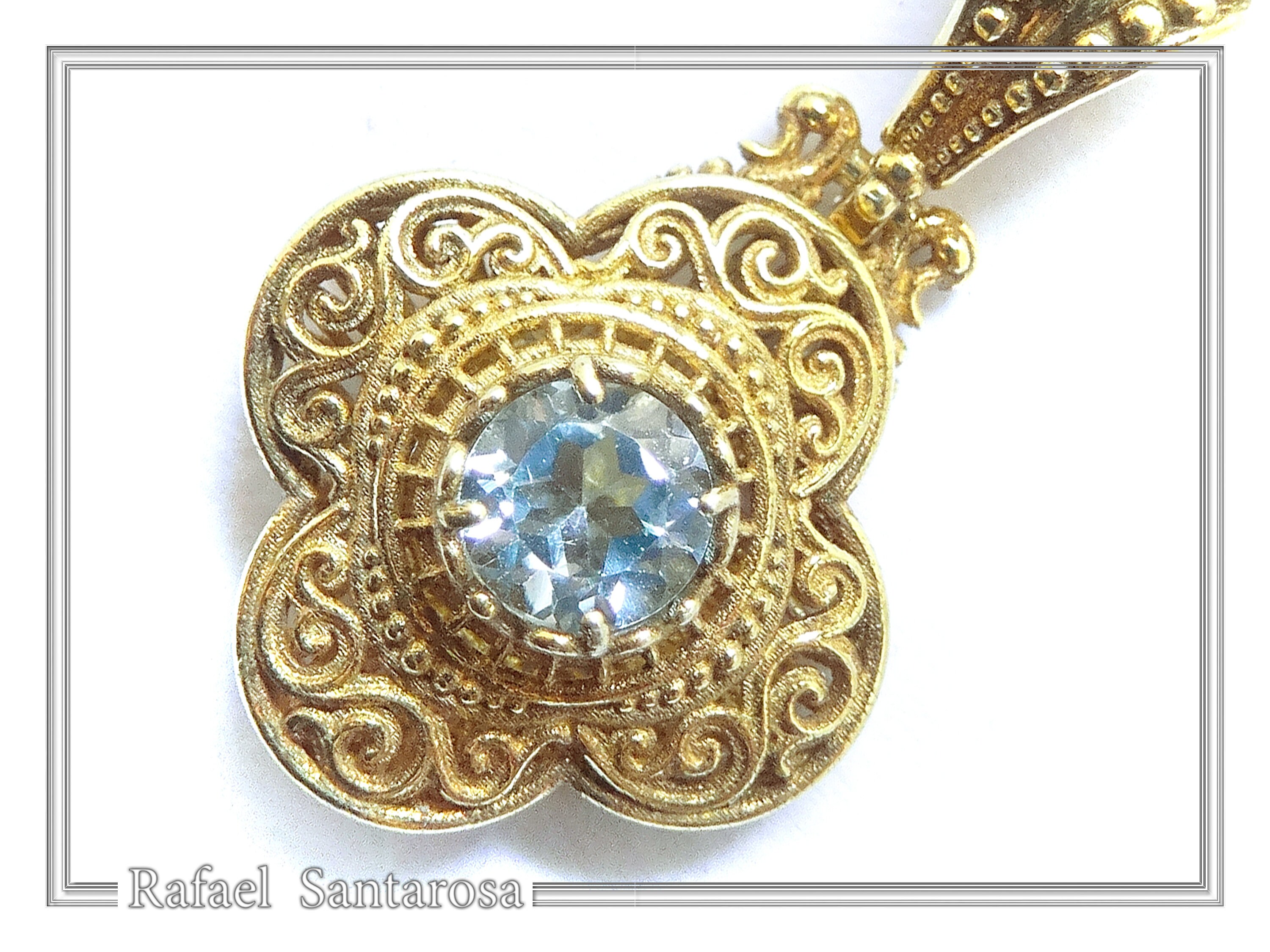 Byzantine Cross Sky-Blue Topaz Pendant: Handmade Filigree 18k Gold Filled Sterling Silver Necklace — additional product image 3 from Rafael Santarosa Fine Jewelry