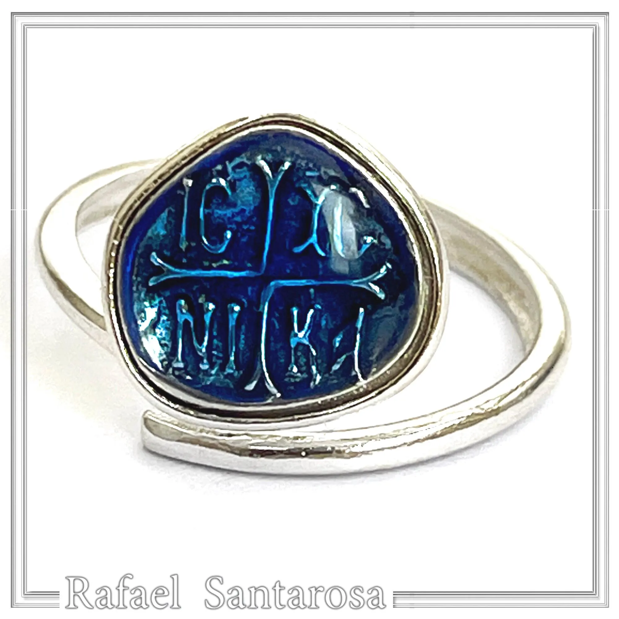 ICXC NIKA "Jesus Christ Conquers" Blue Enamel Christogram Talisman Ring: Solid Sterling Silver