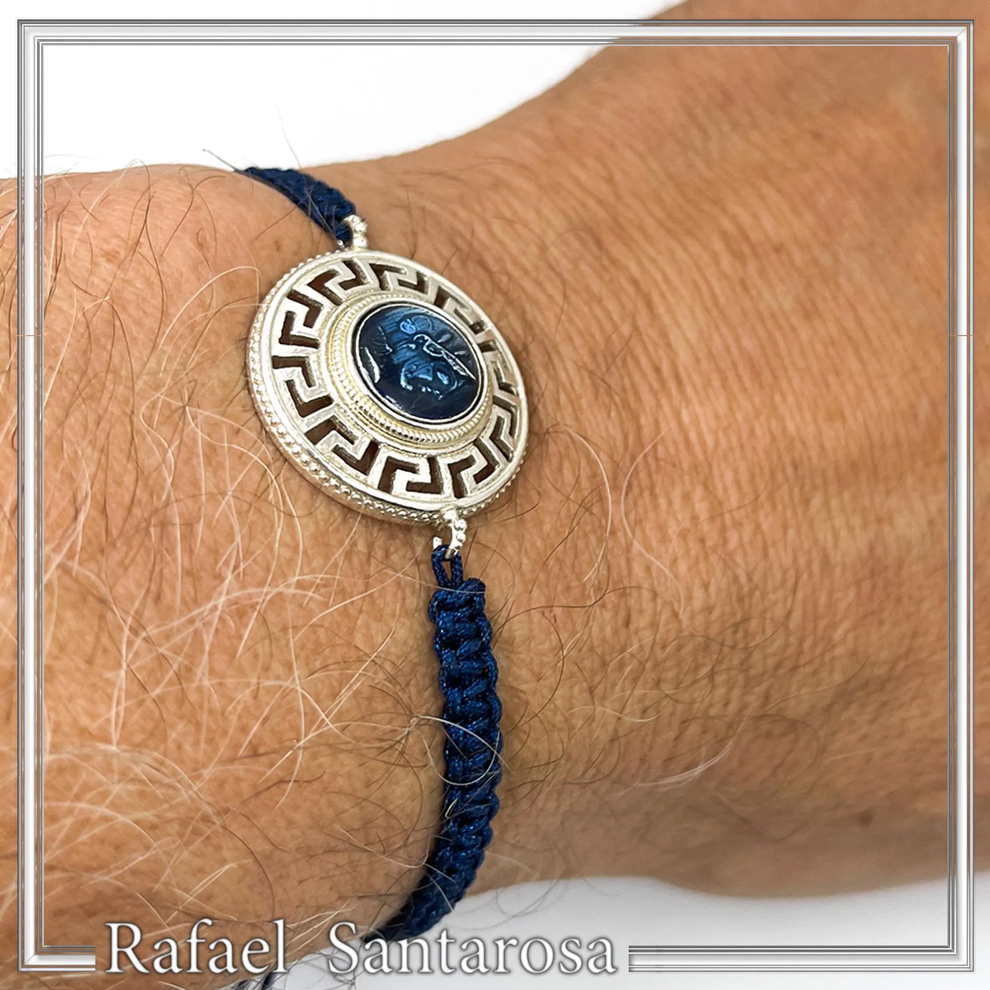 Sterling Silver Athena Promachos Bracelet Greek Key Tetradrachm Sky Blue Enamel Macrame Cord Viscose — additional product image 10 from Rafael Santarosa Fine Jewelry