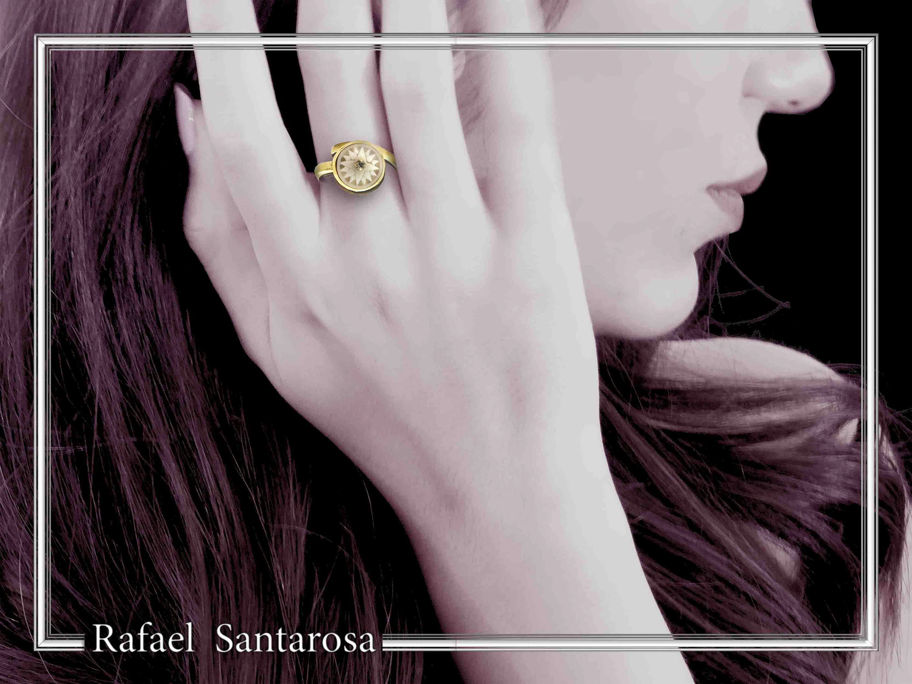 Greek Macedonian Sun Adjustable Statement Ring: Sculptured Marble, Zircon, 18K Gold-Filled Sterling Silver — additional product image 2 from Rafael Santarosa Fine Jewelry