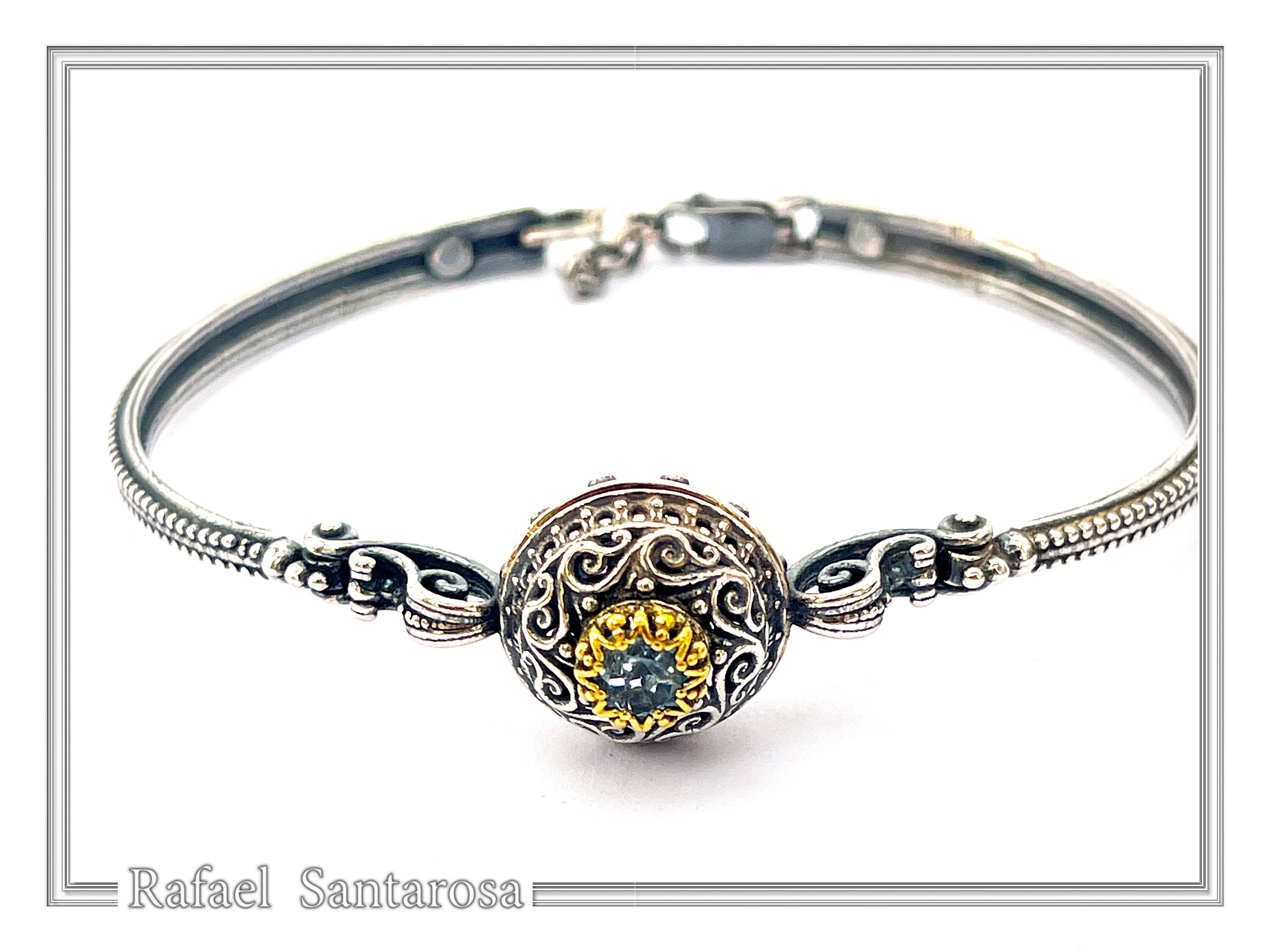 Natural Sky-Blue Topaz Byzantine Bracelet: Oxidised Sterling Silver with 18K Gold Filled Filigree Bezel — additional product image 6 from Rafael Santarosa Fine Jewelry