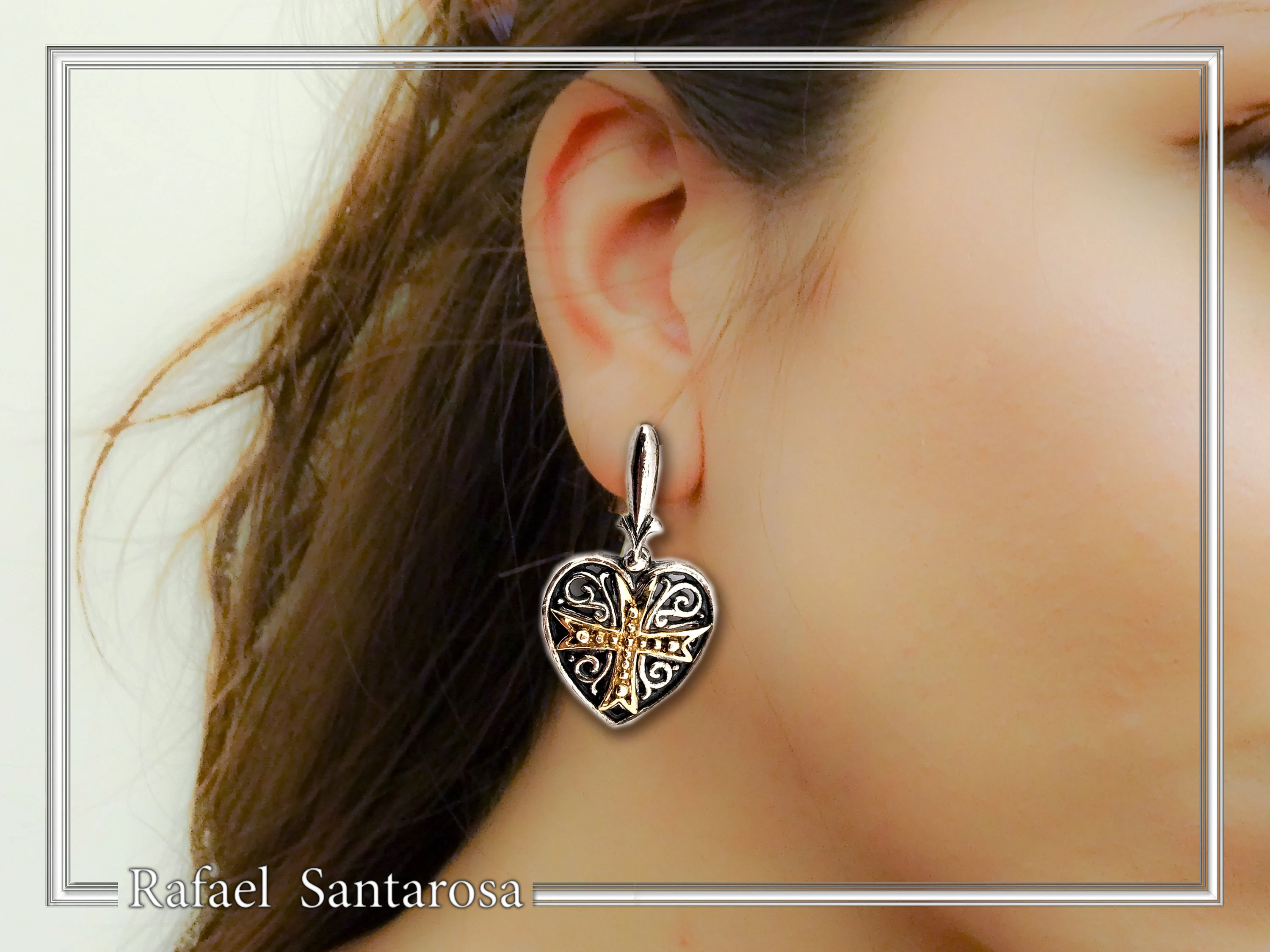 Maltese Knights Cross Holy Heart Earrings: Oxidized Sterling Silver and Gold-Filled — additional product image 4 from Rafael Santarosa Fine Jewelry