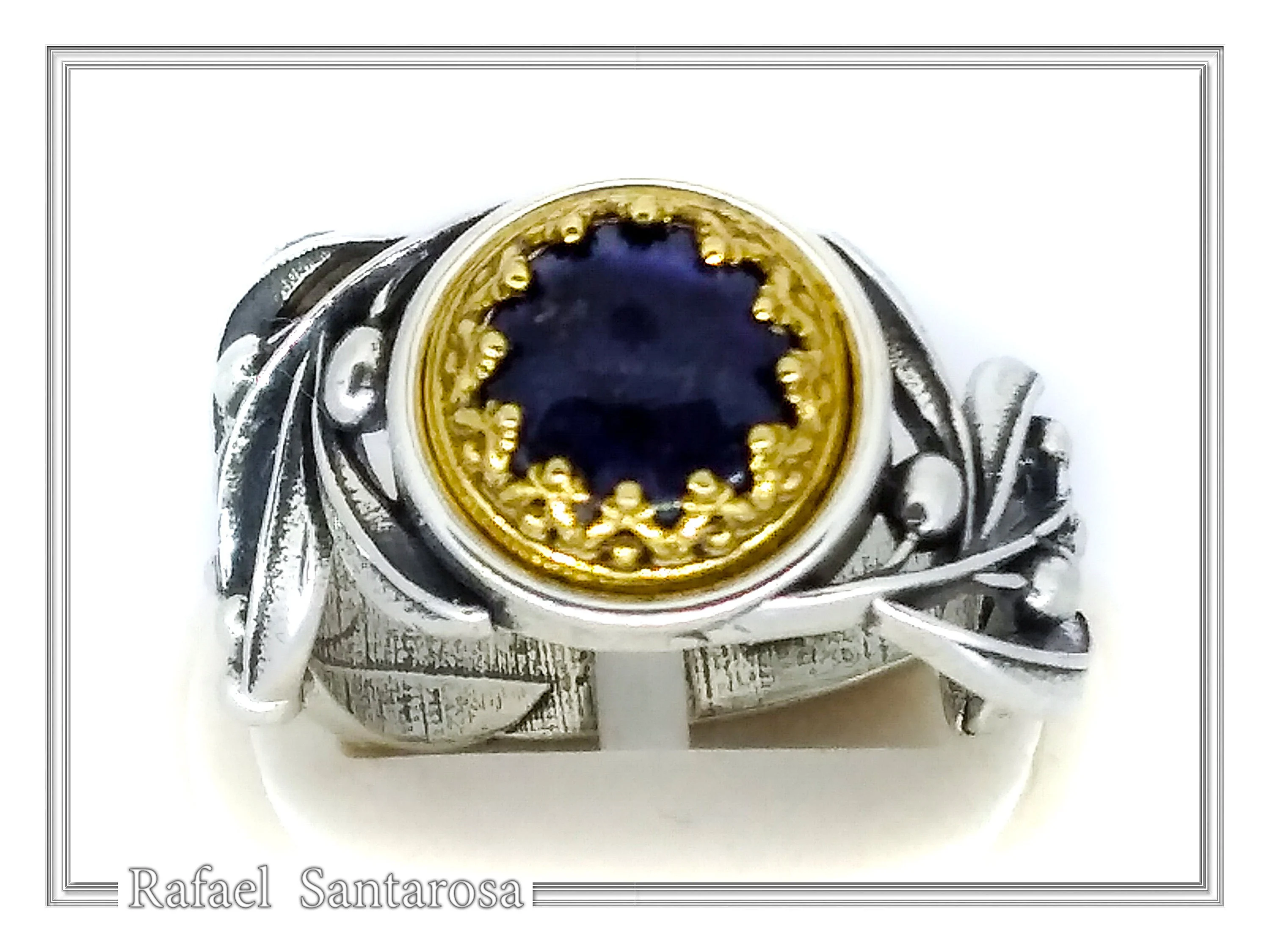 Natural Lapis or Pearl Floral Olive Branch Ring: Oxidized Sterling Silver Gold Filled Filigree — additional product image 2 from Rafael Santarosa Fine Jewelry