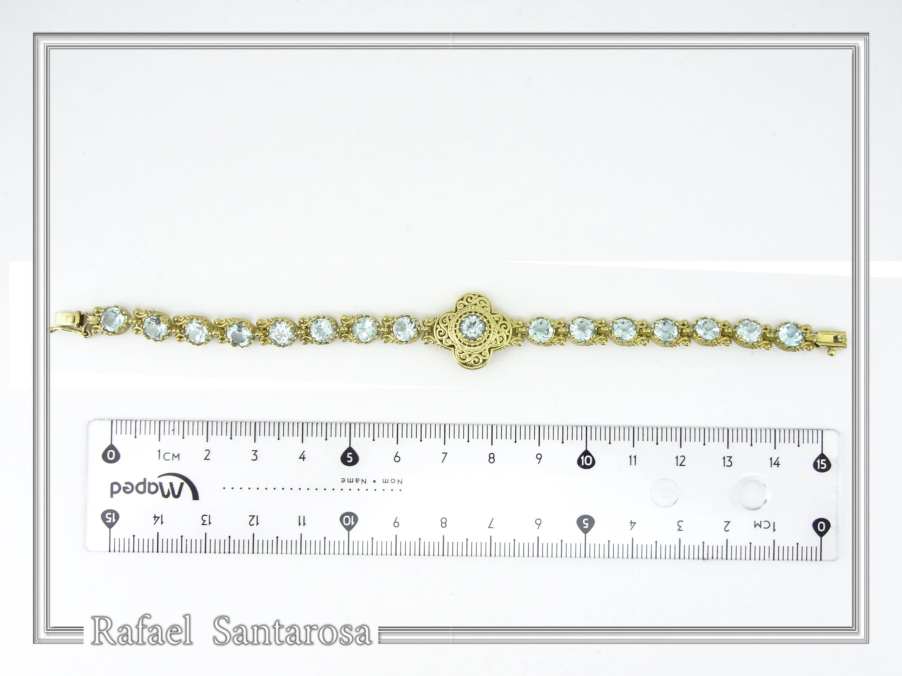 18K Gold Beaded Bracelet Handcrafted Byzantine Cross Filigree: Natural Genuine Sky-Blue Topaz Gemstones — additional product image 10 from Rafael Santarosa Fine Jewelry