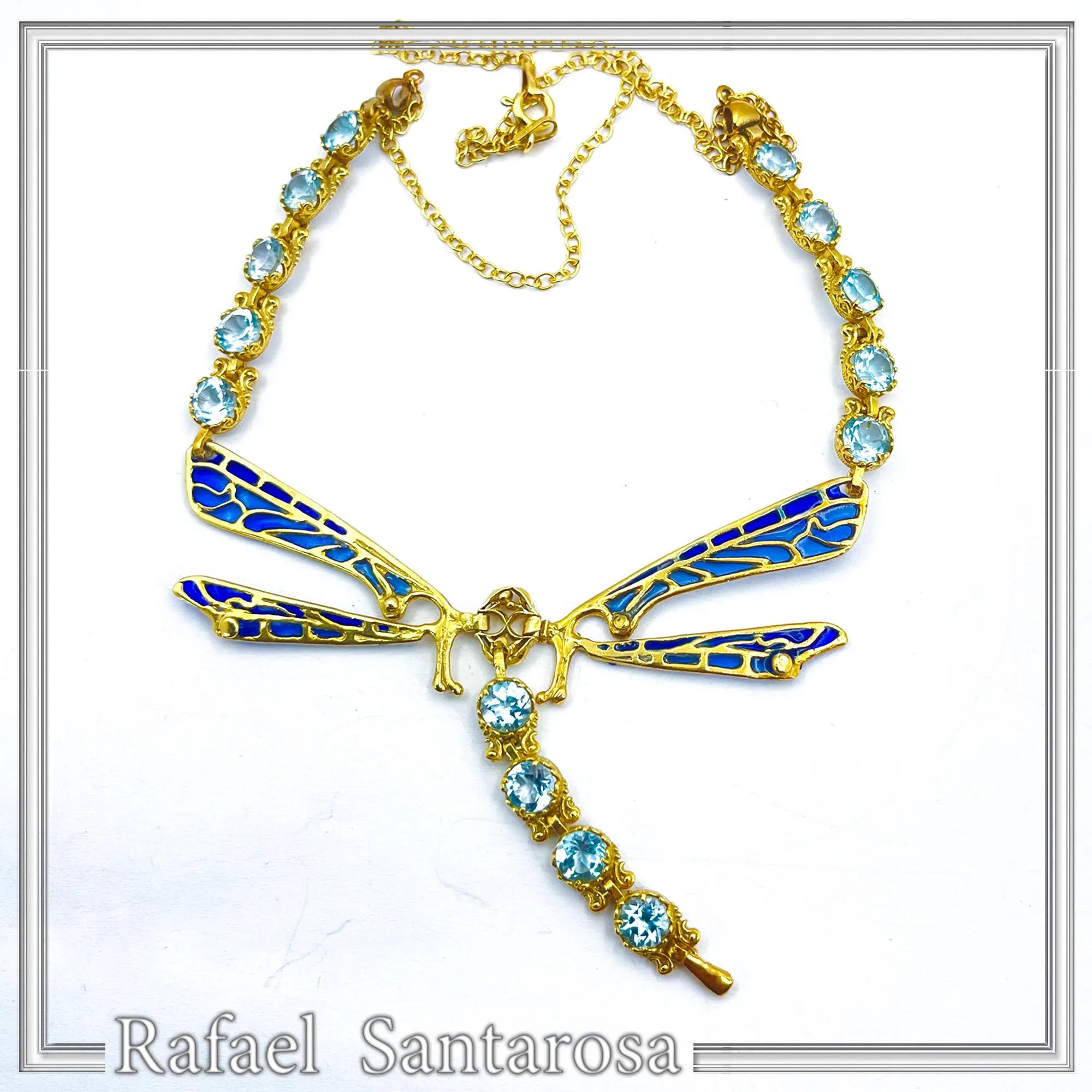 Art Nouveau Dragonfly Necklace Sterling Silver Gold Filled Blue Enamel Sky Blue Topaz — additional product image 6 from Rafael Santarosa Fine Jewelry
