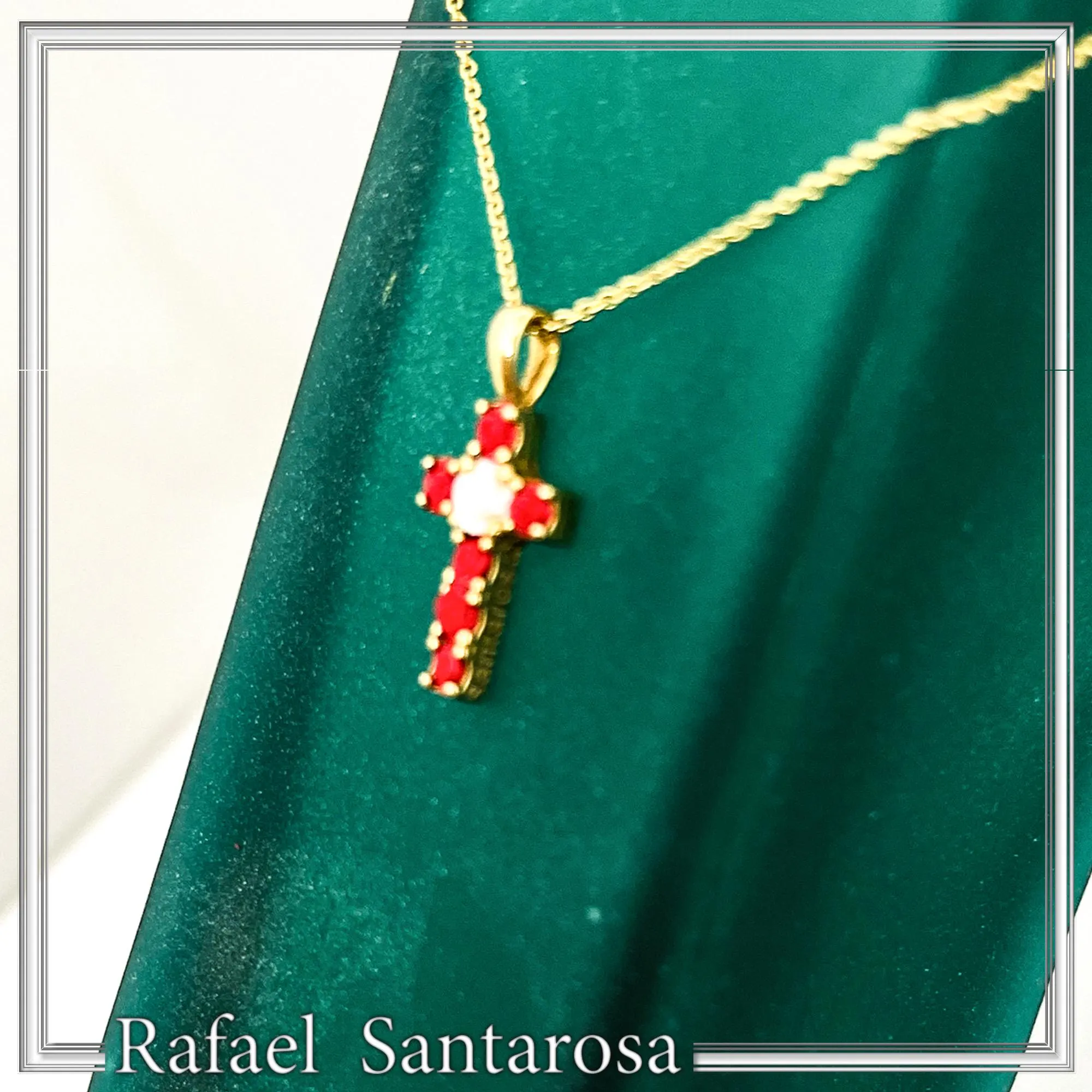 Tiny Cross Necklace: Hand Sculpted Alabaster Rose Flowers 18K Gold Filled Sterling Silver Cross — additional product image 10 from Rafael Santarosa Fine Jewelry