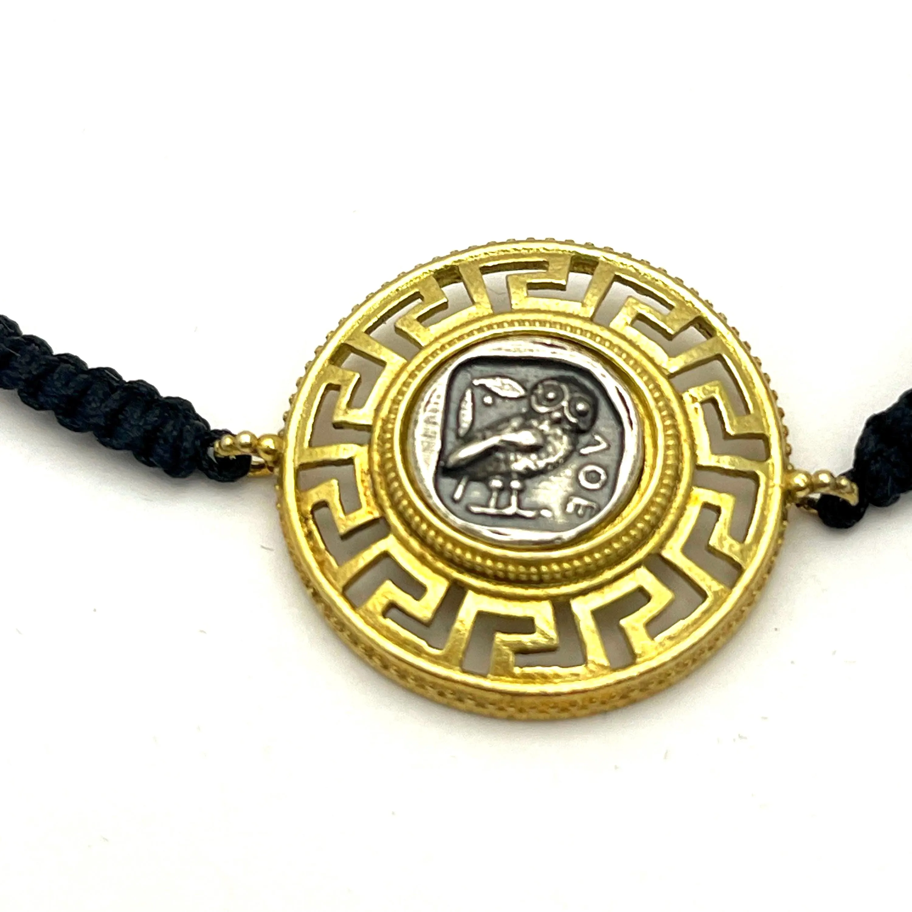 Owl Coin Tetradrachm with Greek Key Macrame Bracelet, 18K Gold Filled & Oxidized Sterling Silver — additional product image 2 from Rafael Santarosa Fine Jewelry