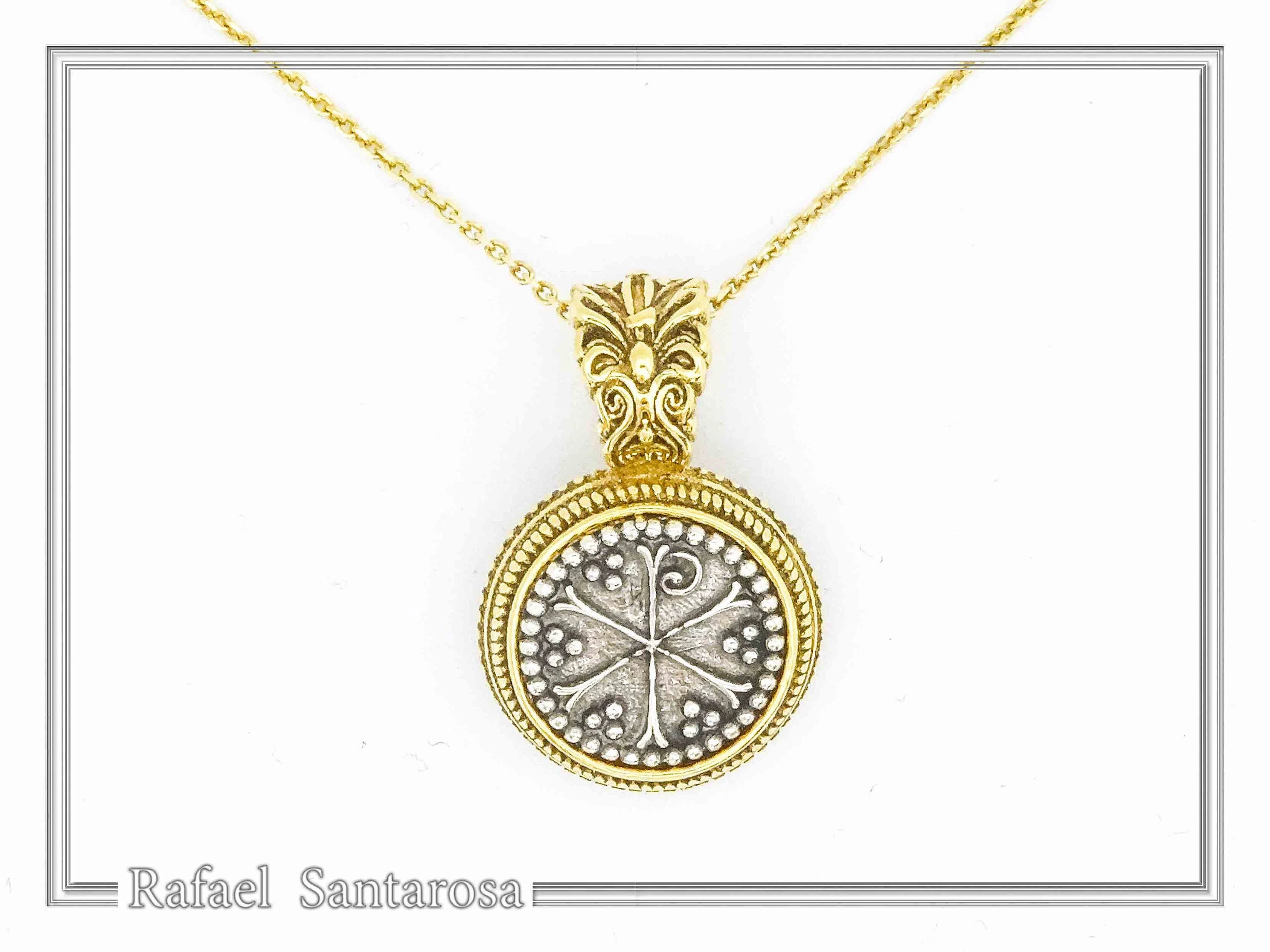 Chi Rho Christogram Jesus Symbol Necklace: Oxidized & Gold Filled Filigree Sterling Silver — additional product image 8 from Rafael Santarosa Fine Jewelry