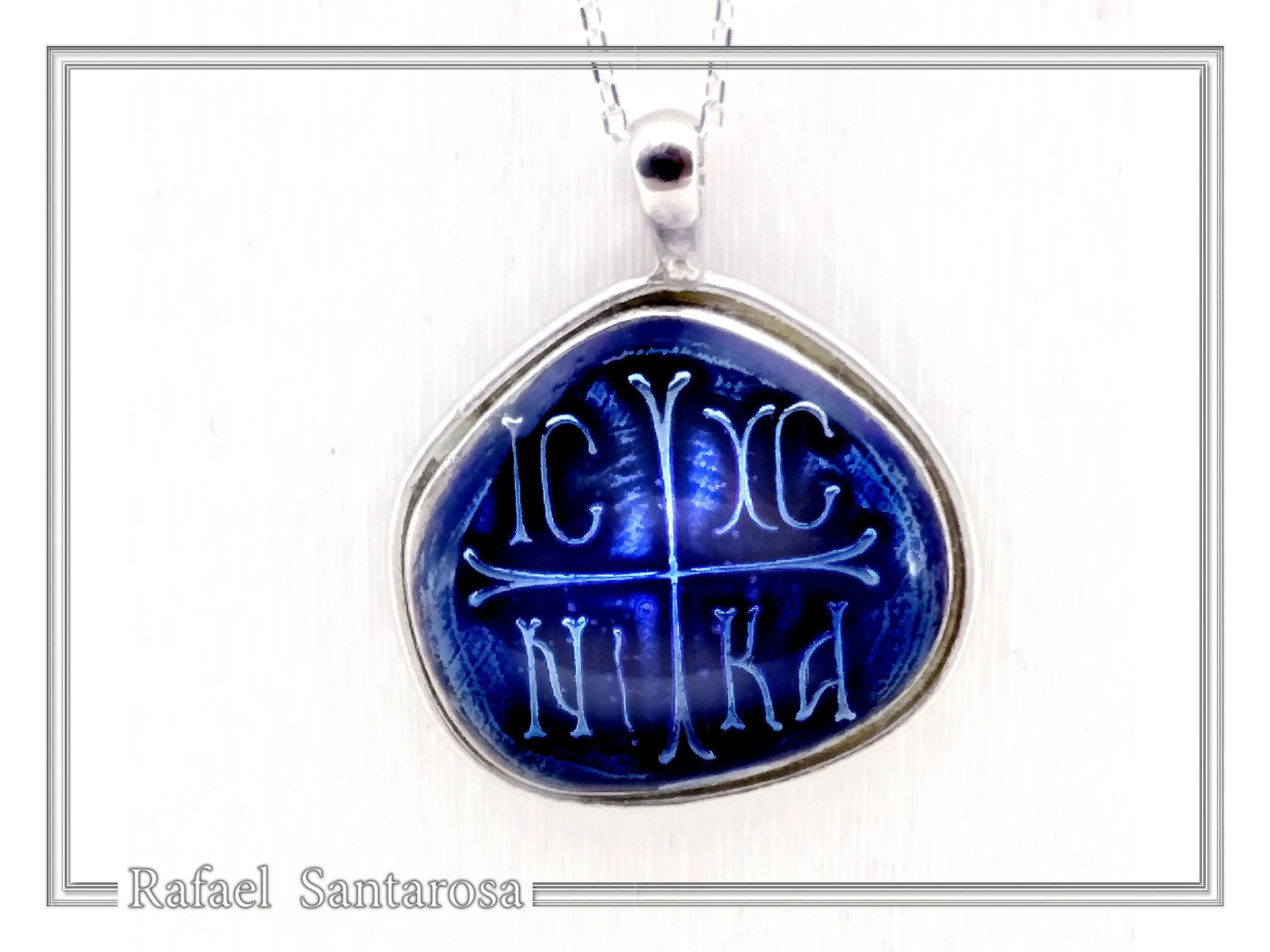 ICXC NIKA Constantinato Christogram Christian Cross Talisman Pendant: Blue Transparent Enamel Silver Necklace — additional product image 7 from Rafael Santarosa Fine Jewelry