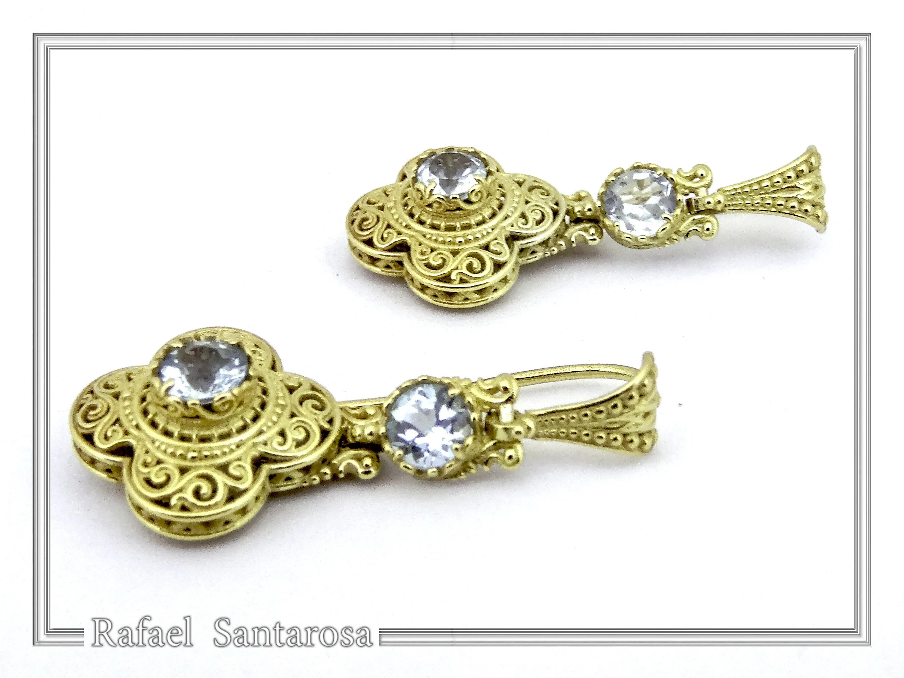 18K Solid Gold Filigree Byzantine Dangle Earrings with Natural Sky-Blue Topaz Brilliant Cut — additional product image 3 from Rafael Santarosa Fine Jewelry