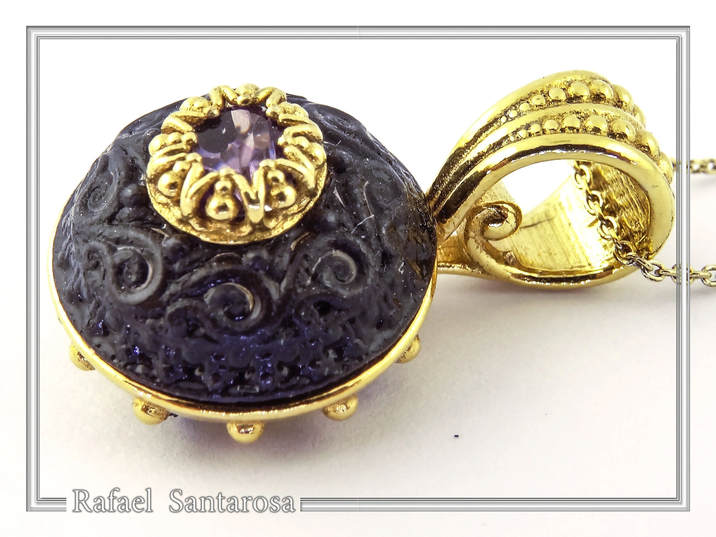 Art Deco Natural Amethyst Pendant: Oxidized and 18K Gold Filled Sterling Silver — additional product image 3 from Rafael Santarosa Fine Jewelry