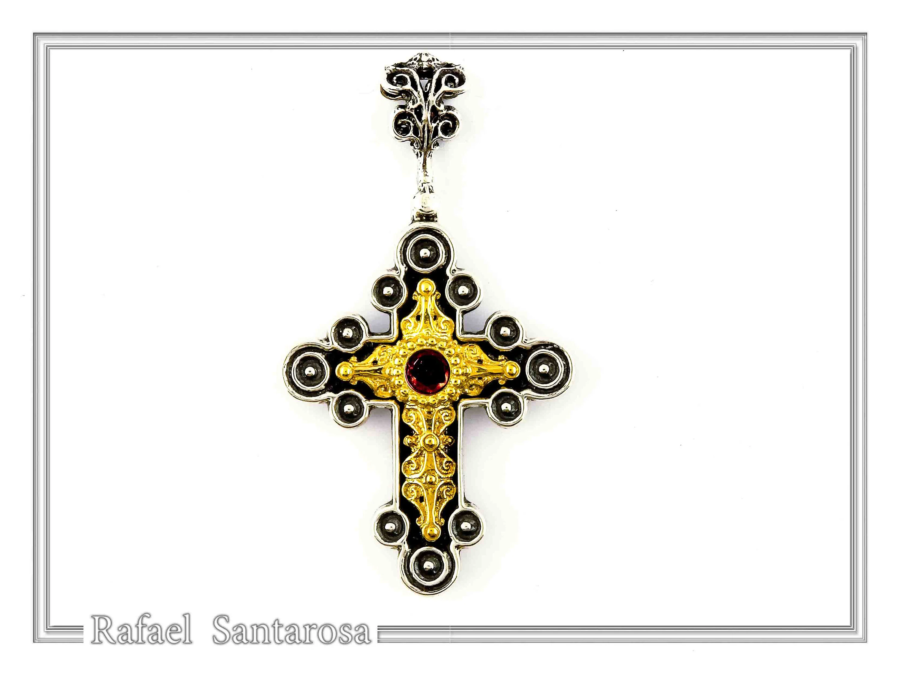 Byzantine Religious Cross Pendant Sterling Silver Oxidised 18k Gold Filled Garnet Necklace — additional product image 2 from Rafael Santarosa Fine Jewelry