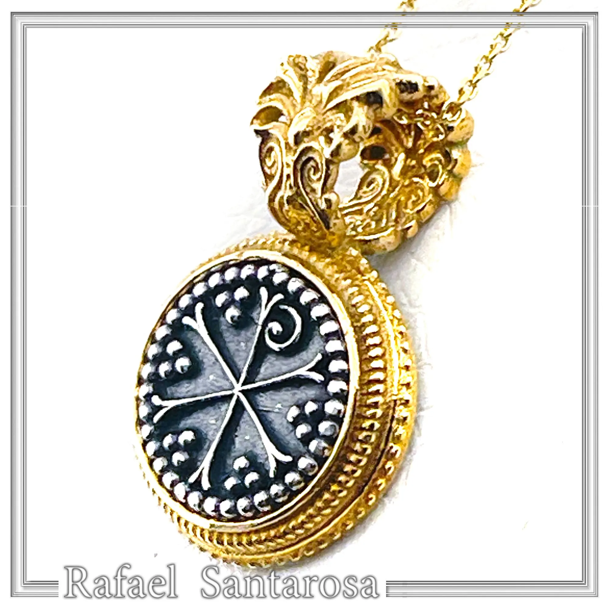 Chi Rho Christogram Jesus Symbol Necklace: Oxidized & Gold Filled Filigree Sterling Silver — additional product image 3 from Rafael Santarosa Fine Jewelry