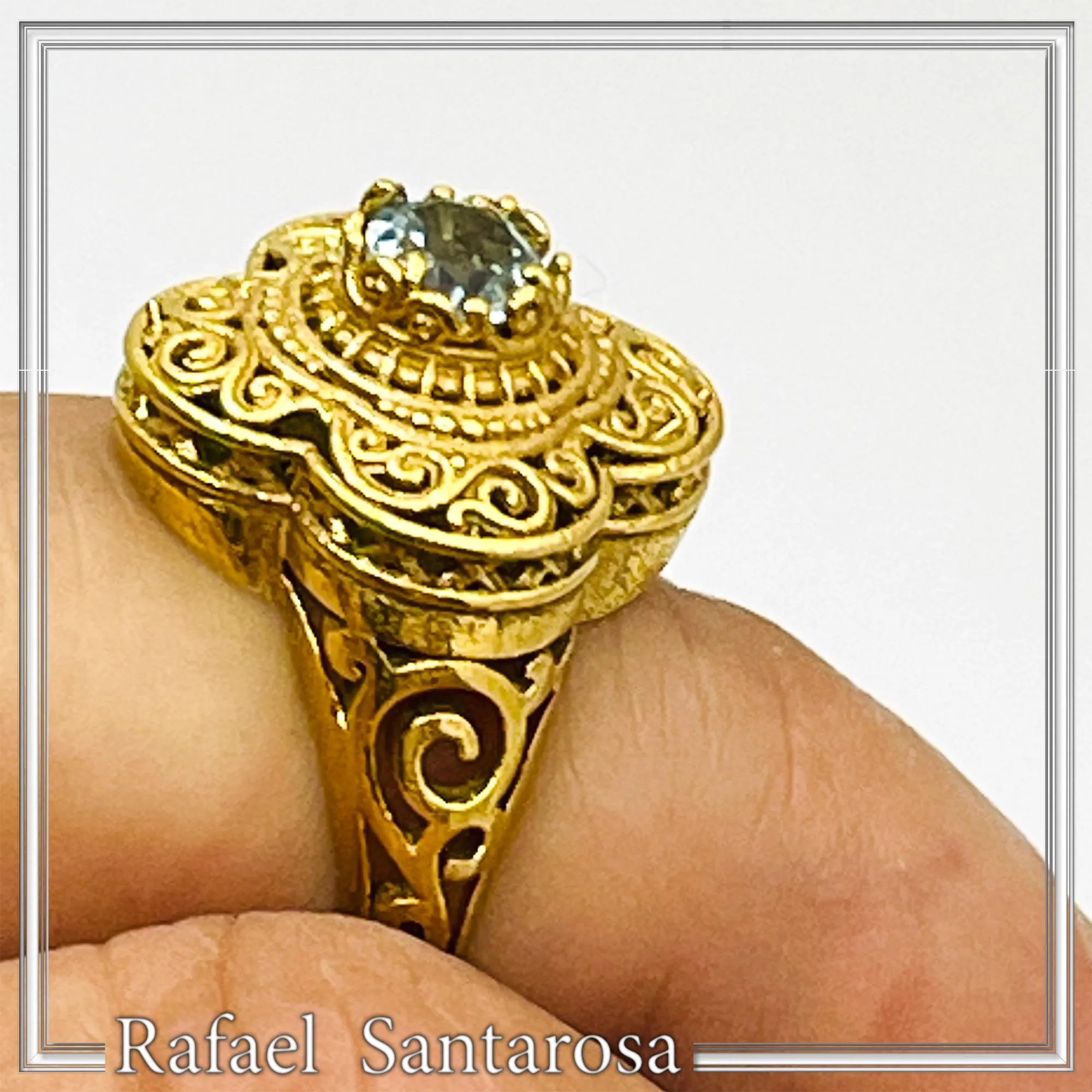 Natural brilliant cut topaz Byzantine Ring: Engraved and filigree Sterling Silver 18K Gold Filled — additional product image 2 from Rafael Santarosa Fine Jewelry