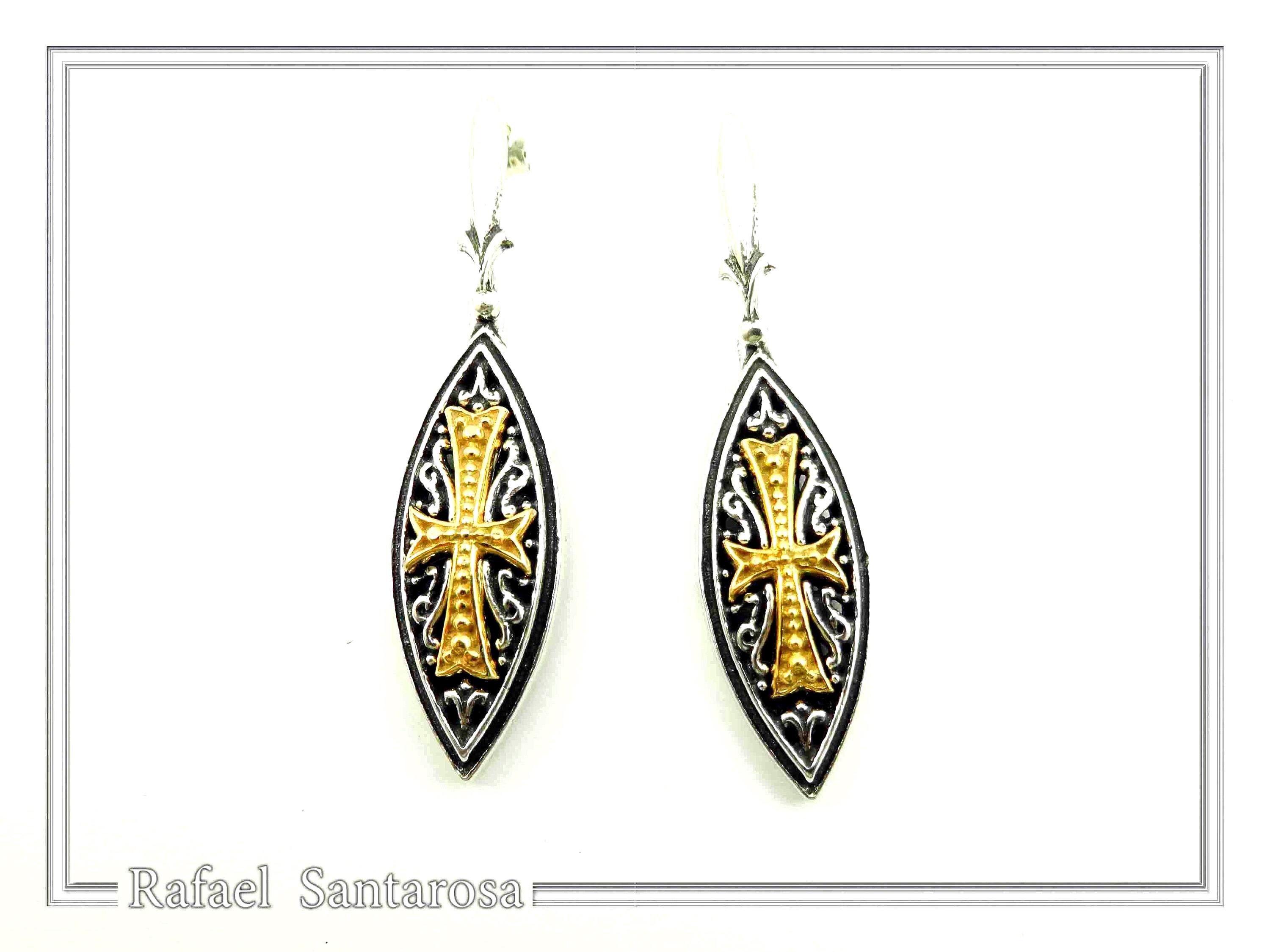 Maltese Cross Drop Earrings. Medieval Jewelry: Oxidized and 18K Gold-Filled Sterling Silver — additional product image 4 from Rafael Santarosa Fine Jewelry