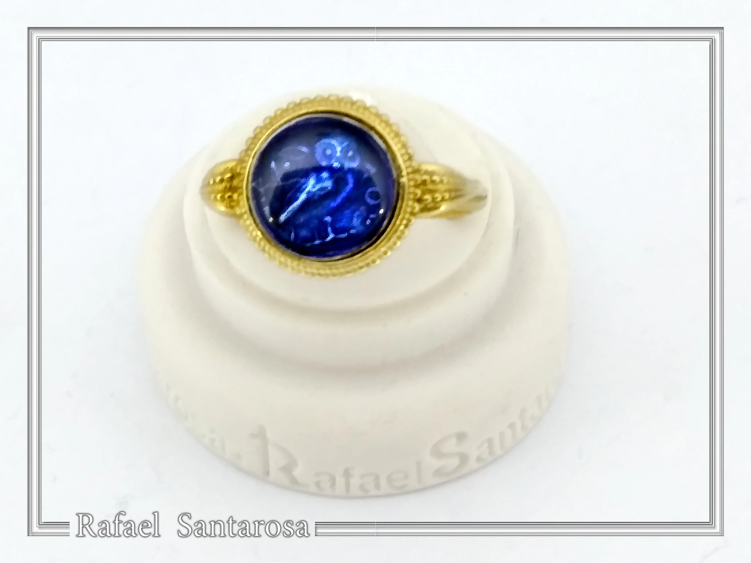 Athena Owl Coin Tetradrachm Ring: Blue Transparent Enamel on 18K Gold-Filled Filigree Sterling Silver — additional product image 6 from Rafael Santarosa Fine Jewelry