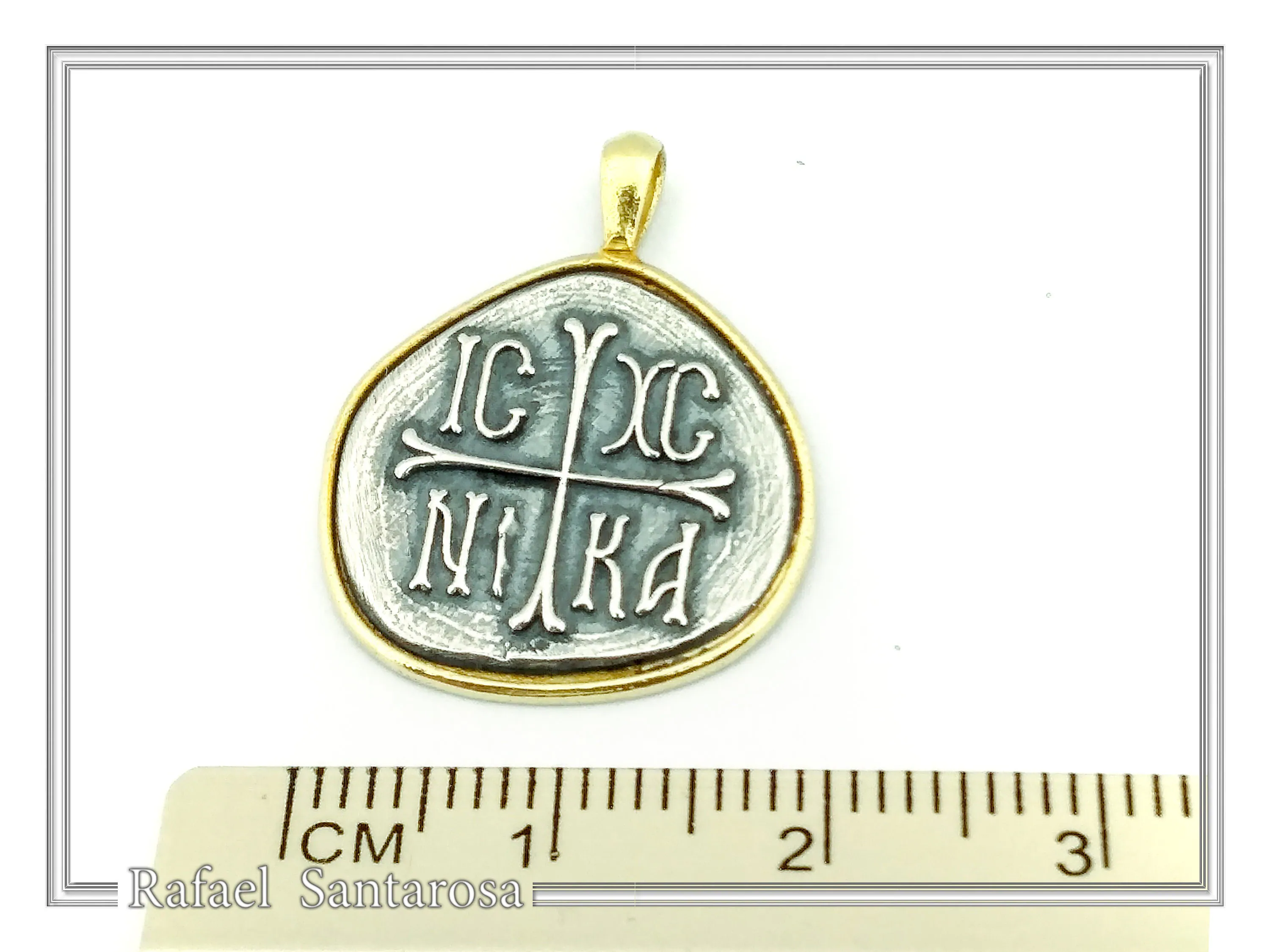 Protection Cross Pendant ICXC NIKA: Oxidized Silver Constantinato Coin on 18k Solid Gold Charm — additional product image 9 from Rafael Santarosa Fine Jewelry