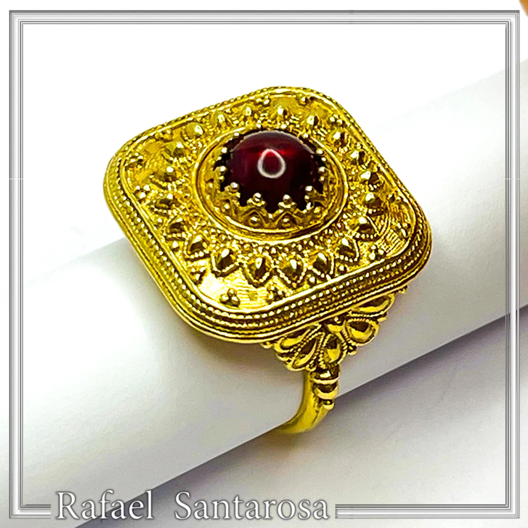 Byzantine Natural Garnet Statement Ring: 18K Gold Filled Granulation Filigree Sterling Silver — additional product image 6 from Rafael Santarosa Fine Jewelry