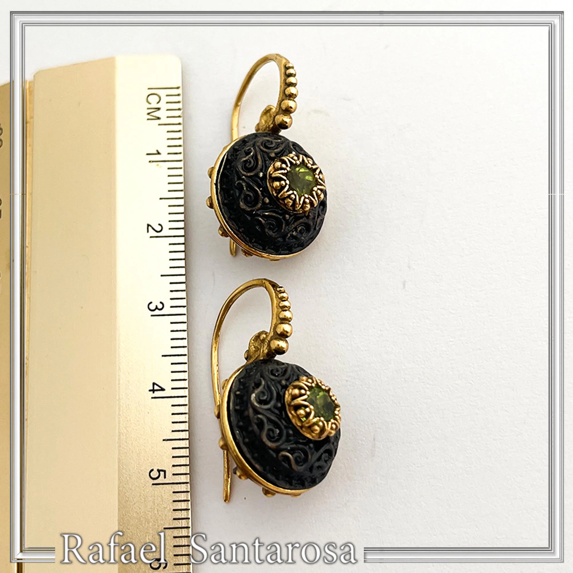 Byzantine Filigree Natural Gemstones Silver Earrings: Oxidised black and Gold-Filled silver — additional product image 10 from Rafael Santarosa Fine Jewelry