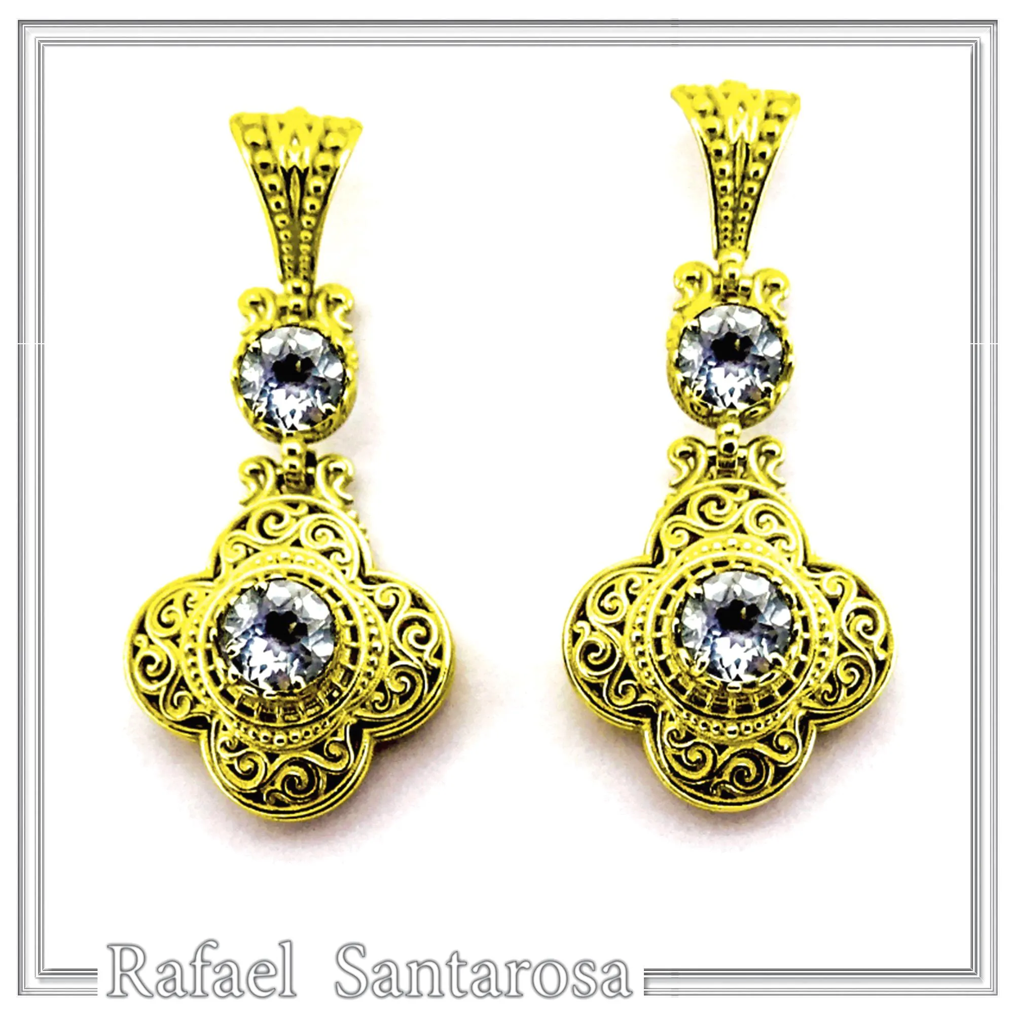 18K Solid Gold Filigree Byzantine Dangle Earrings with Natural Sky-Blue Topaz Brilliant Cut