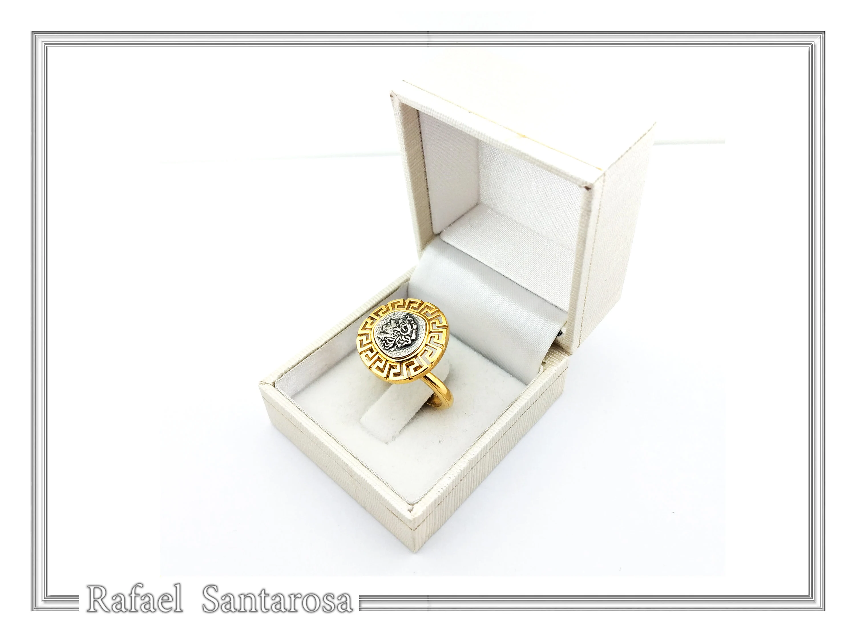Alexander the Greek coin adjustable ring oxidized, and 18K gold filled sterling silver Greek Key — additional product image 10 from Rafael Santarosa Fine Jewelry