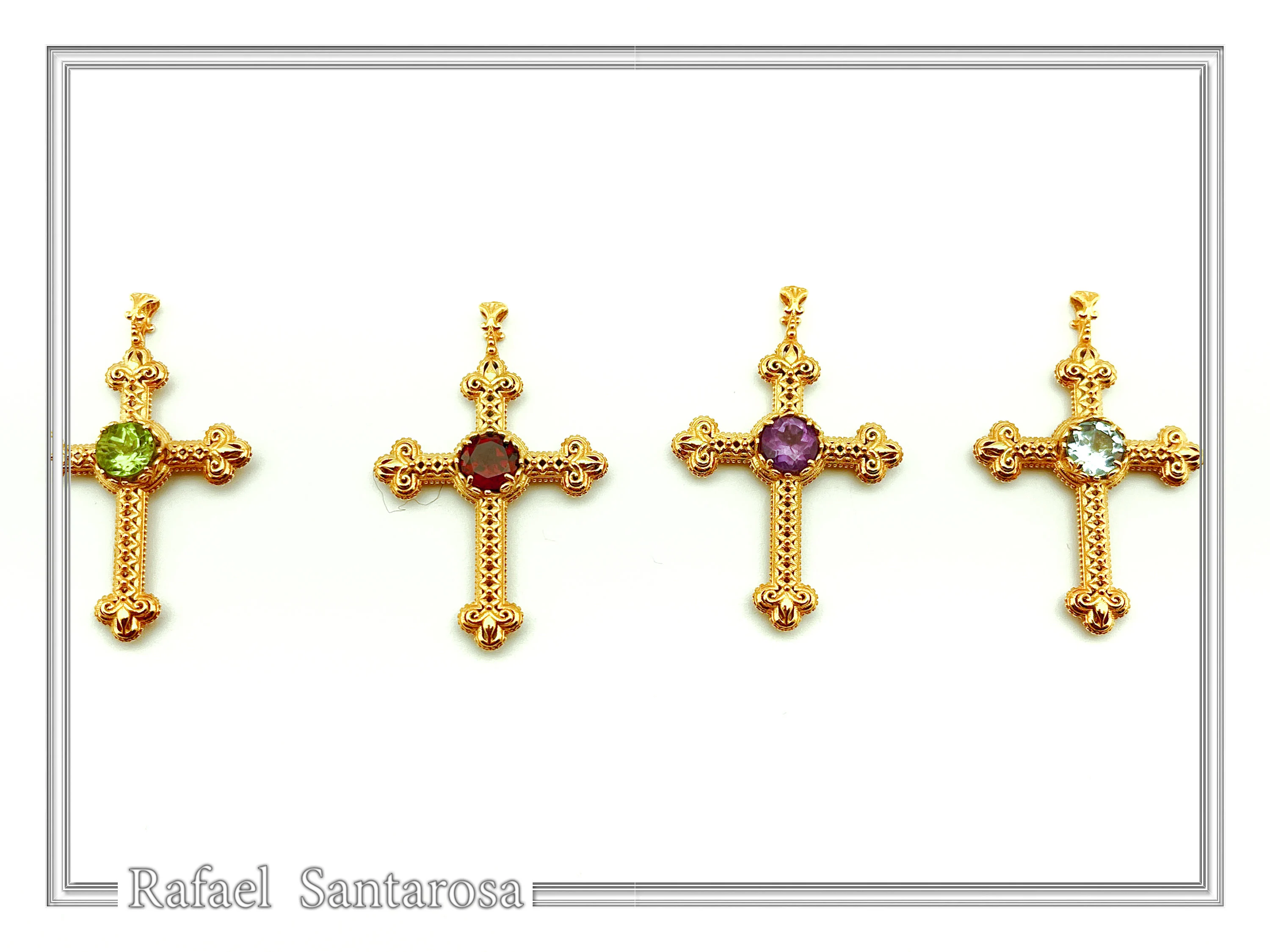 18K Solid Gold Natural Brilliant Cut Sky Blue Topaz Byzantine Filigree Cross Pendant — additional product image 7 from Rafael Santarosa Fine Jewelry