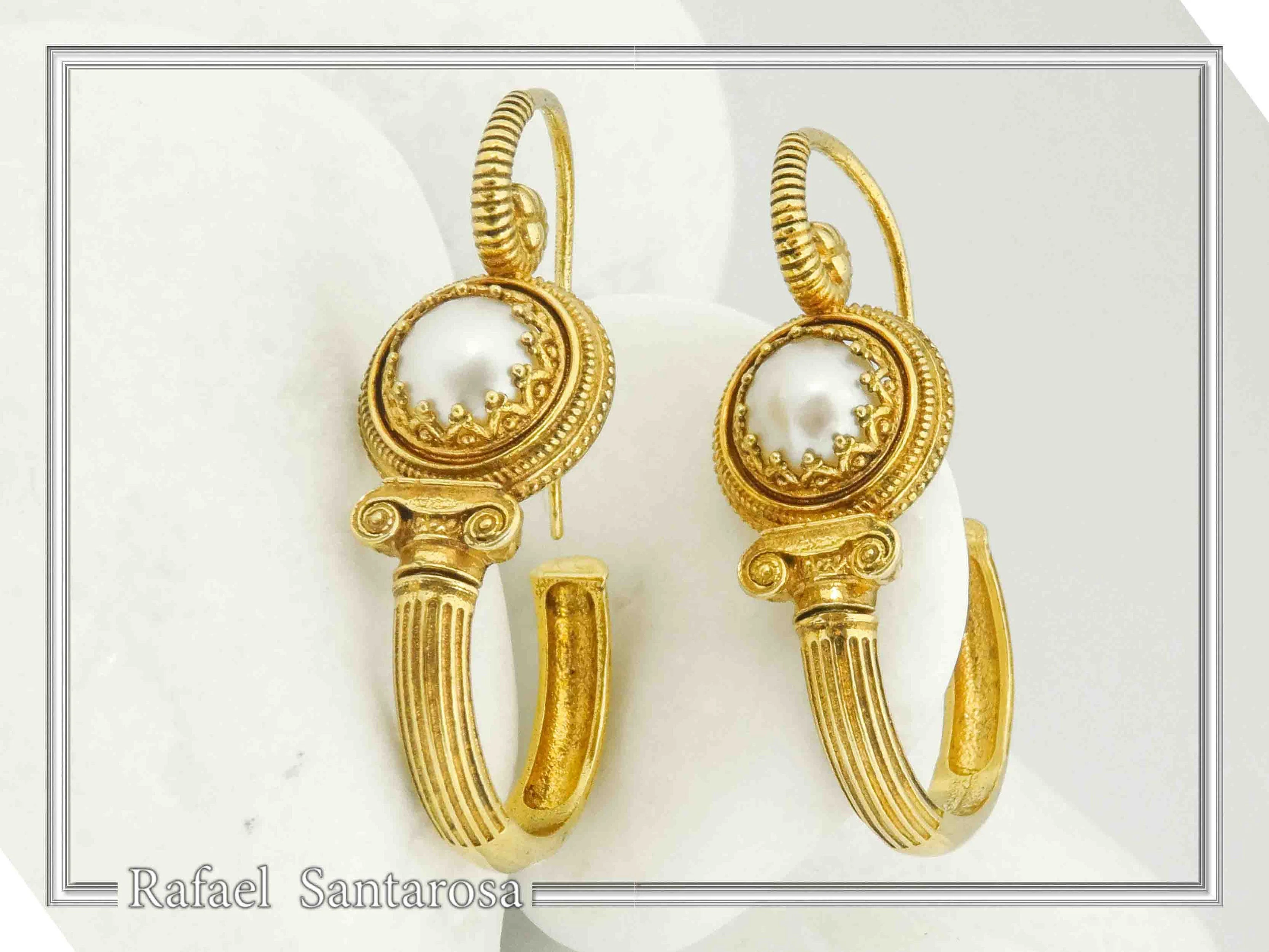 Ancient Greek Ionian Temple Column Natural Pearl Hoop Earrings Gold Filled Silver: Museum Jewelry — additional product image 5 from Rafael Santarosa Fine Jewelry