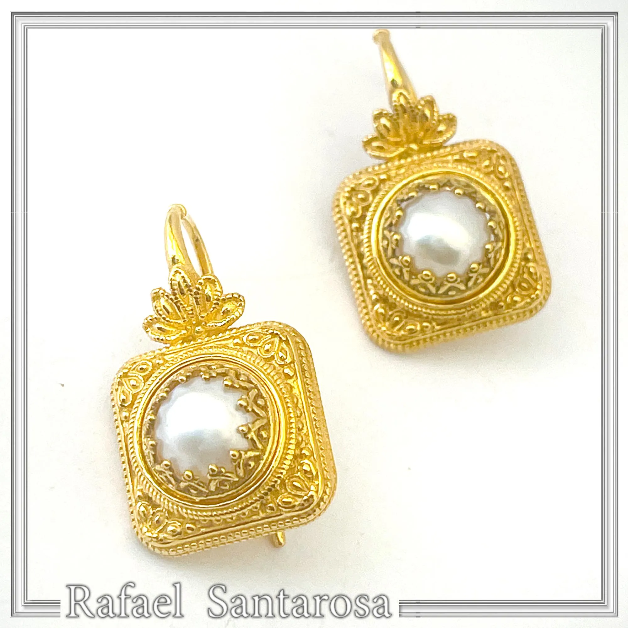 Ancient Greek Pearl Earrings: Sterling Silver 18K Gold-Filled Filigree Byzantine way Decoration — additional product image 4 from Rafael Santarosa Fine Jewelry