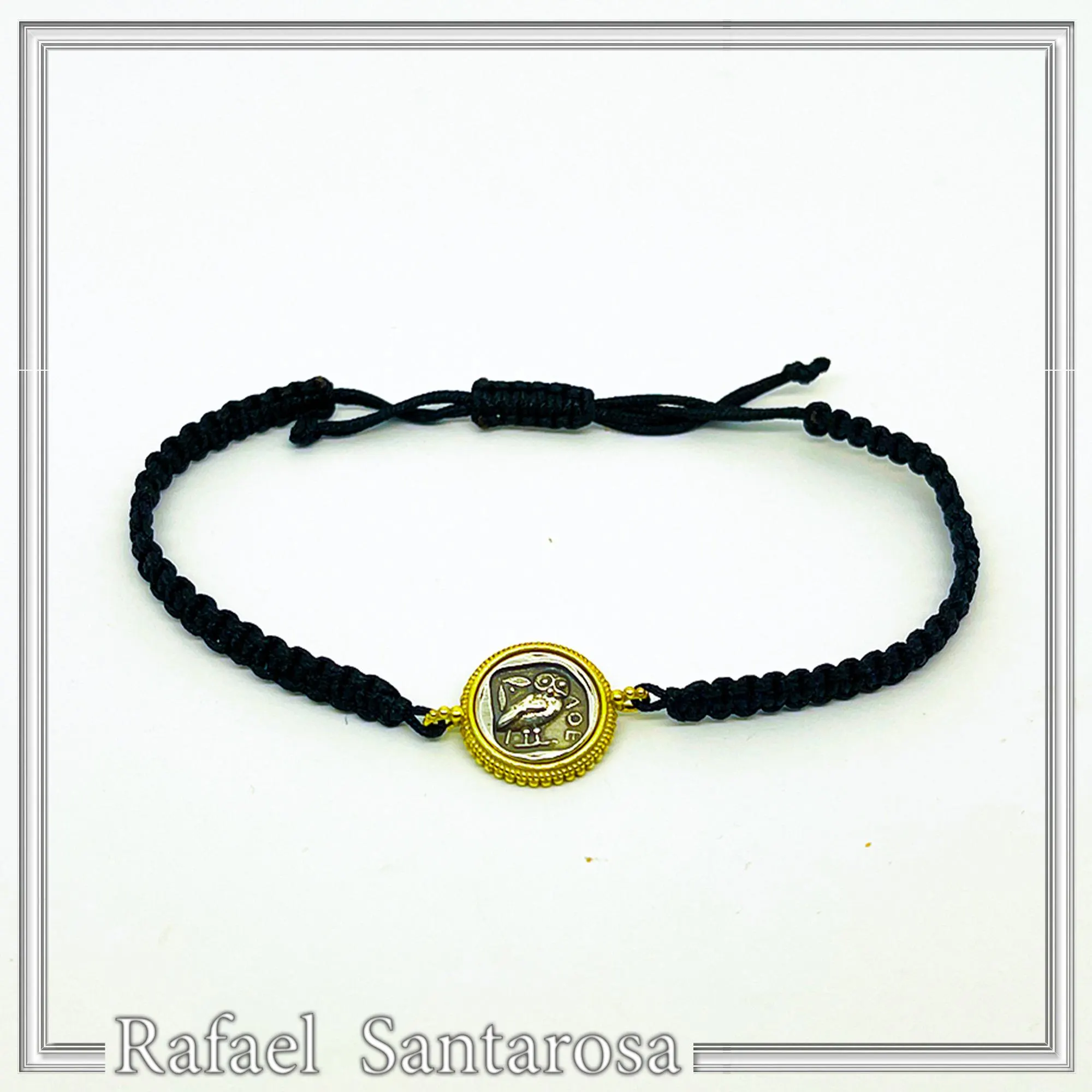 Owl Coin Bracelet Macrame Cord 18K Gold Filigree Base, Oxidized Sterling Silver Tetradrachm coin — additional product image 8 from Rafael Santarosa Fine Jewelry