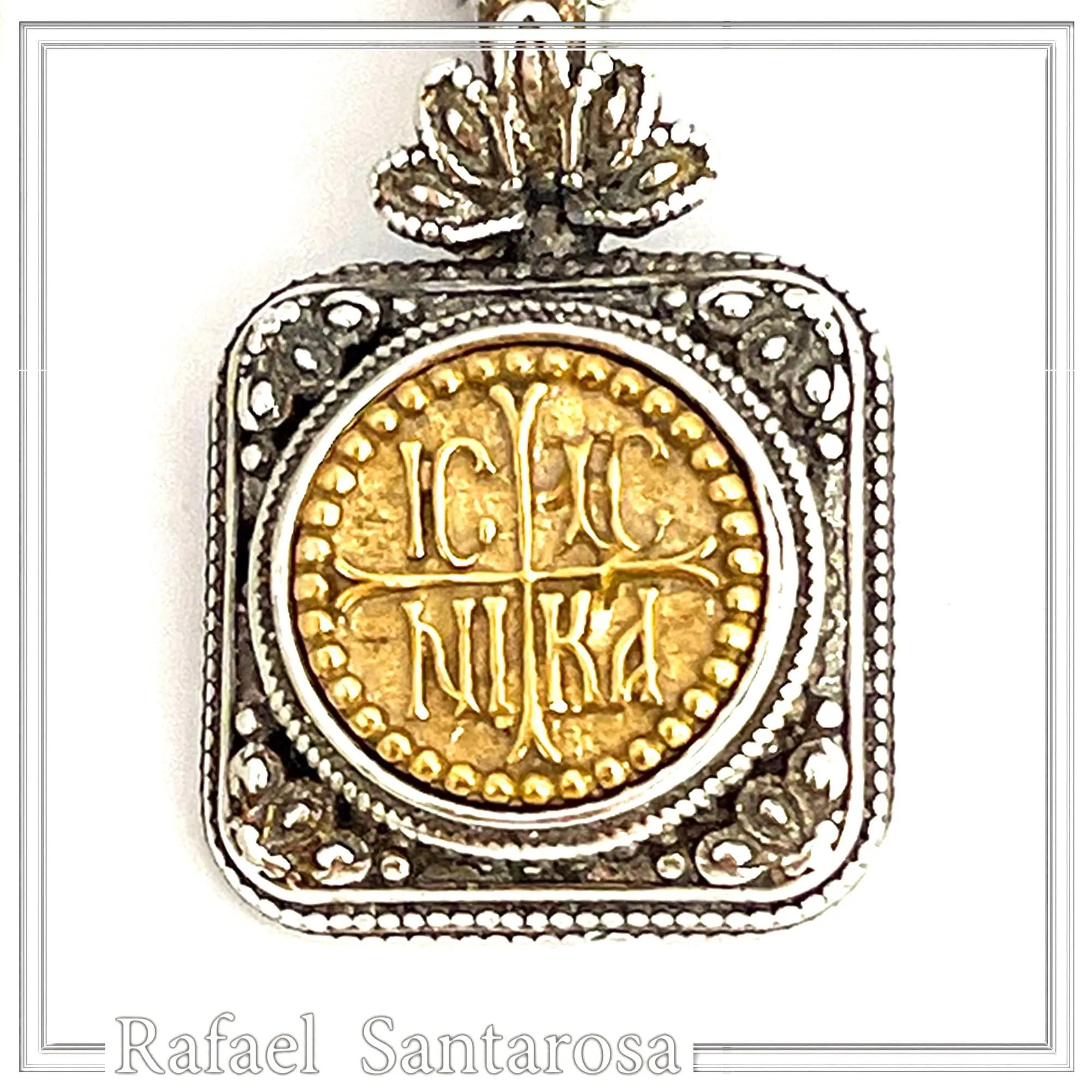 Jesus Christ Victorious Necklace: 18K Gold Christogram on Oxidized Silver. ICXC NIKA Orthodox Prayer — additional product image 10 from Rafael Santarosa Fine Jewelry