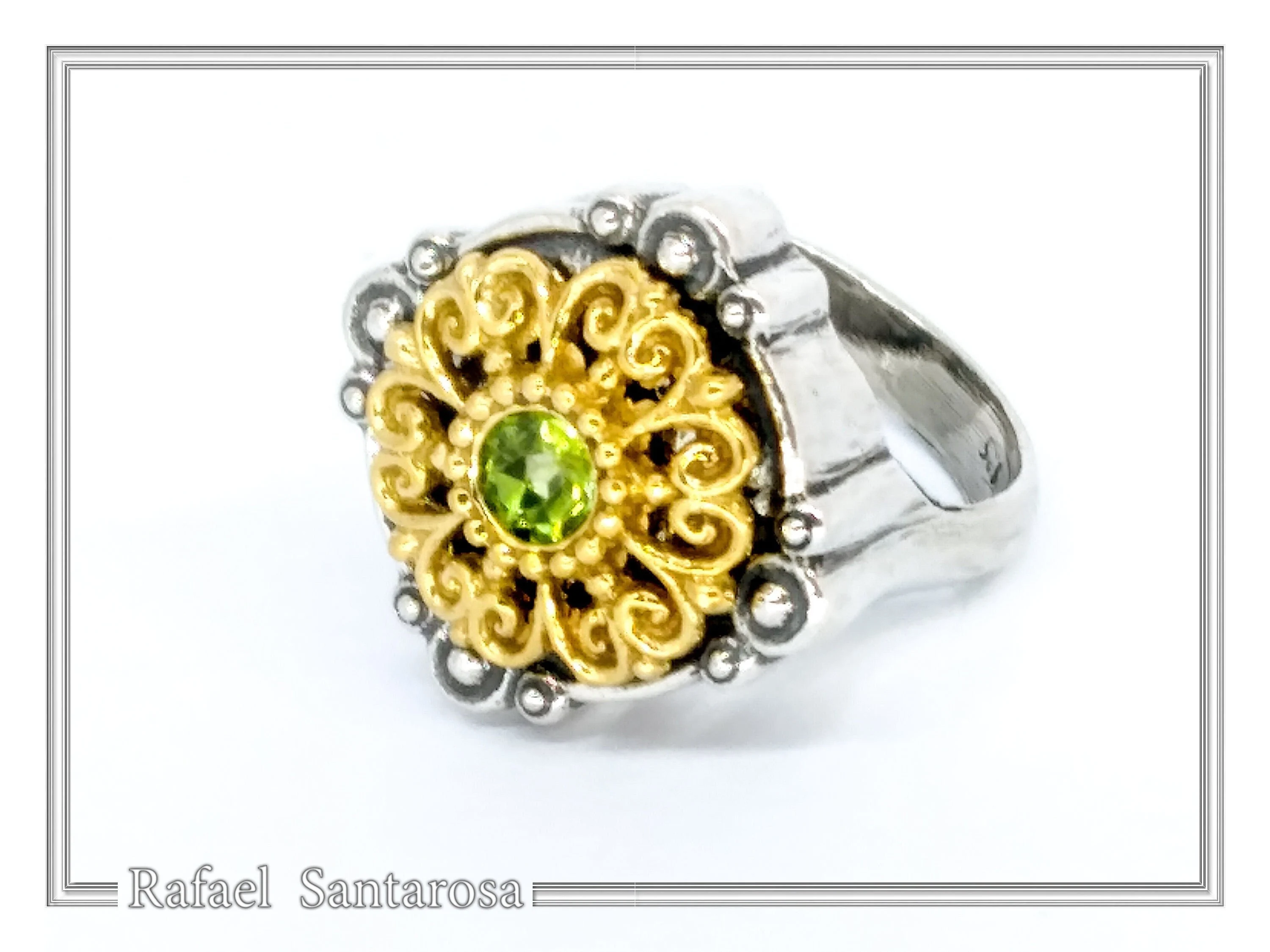Natural Peridot Byzantine Ring: Oxidised and Gold-Filled Filigree Sterling Silver Statement Ring — additional product image 7 from Rafael Santarosa Fine Jewelry