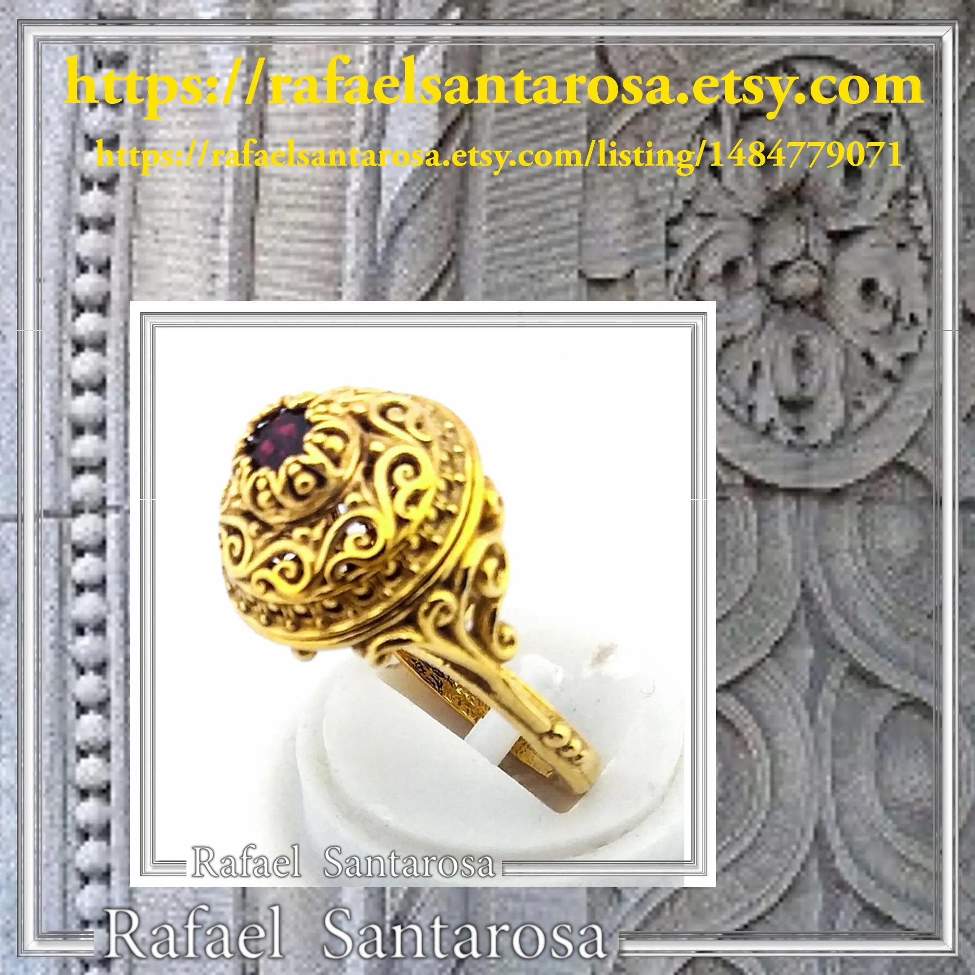 18k Solid Gold Byzantine Natural Gemstone Filigree Statement Ring: Handmade Boho Ring For Her — additional product image 10 from Rafael Santarosa Fine Jewelry