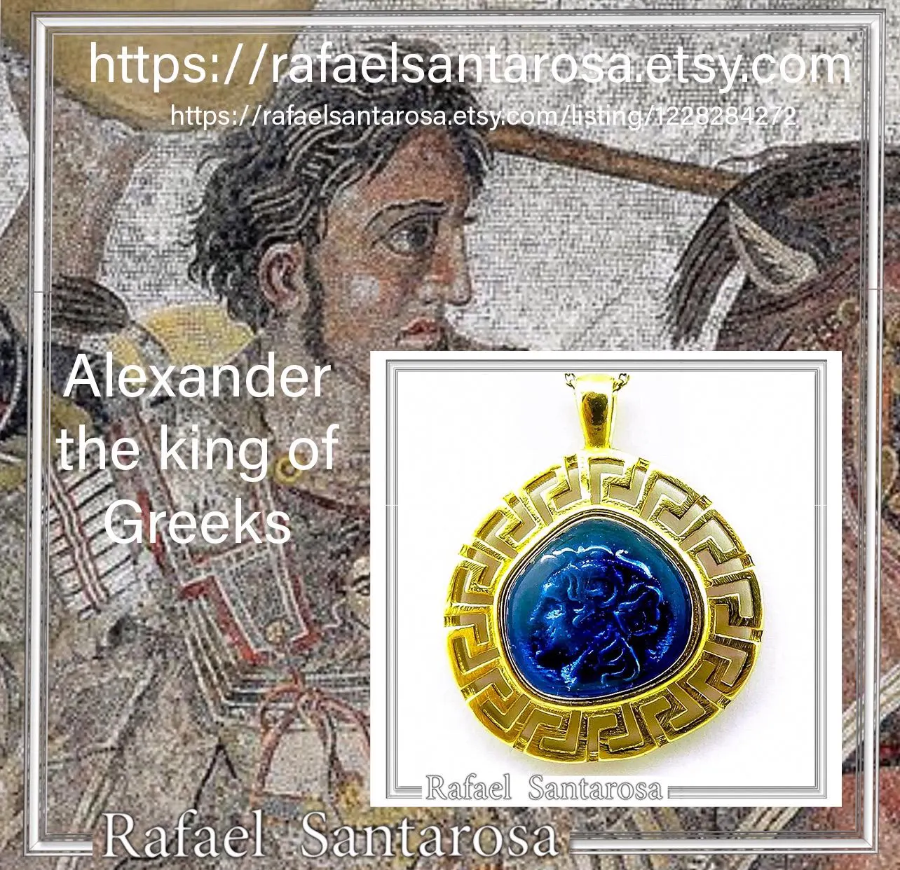 Alexander the Macedon coin silver necklace with Greek key 18k gold filled & sky-blue enamel. — additional product image 10 from Rafael Santarosa Fine Jewelry