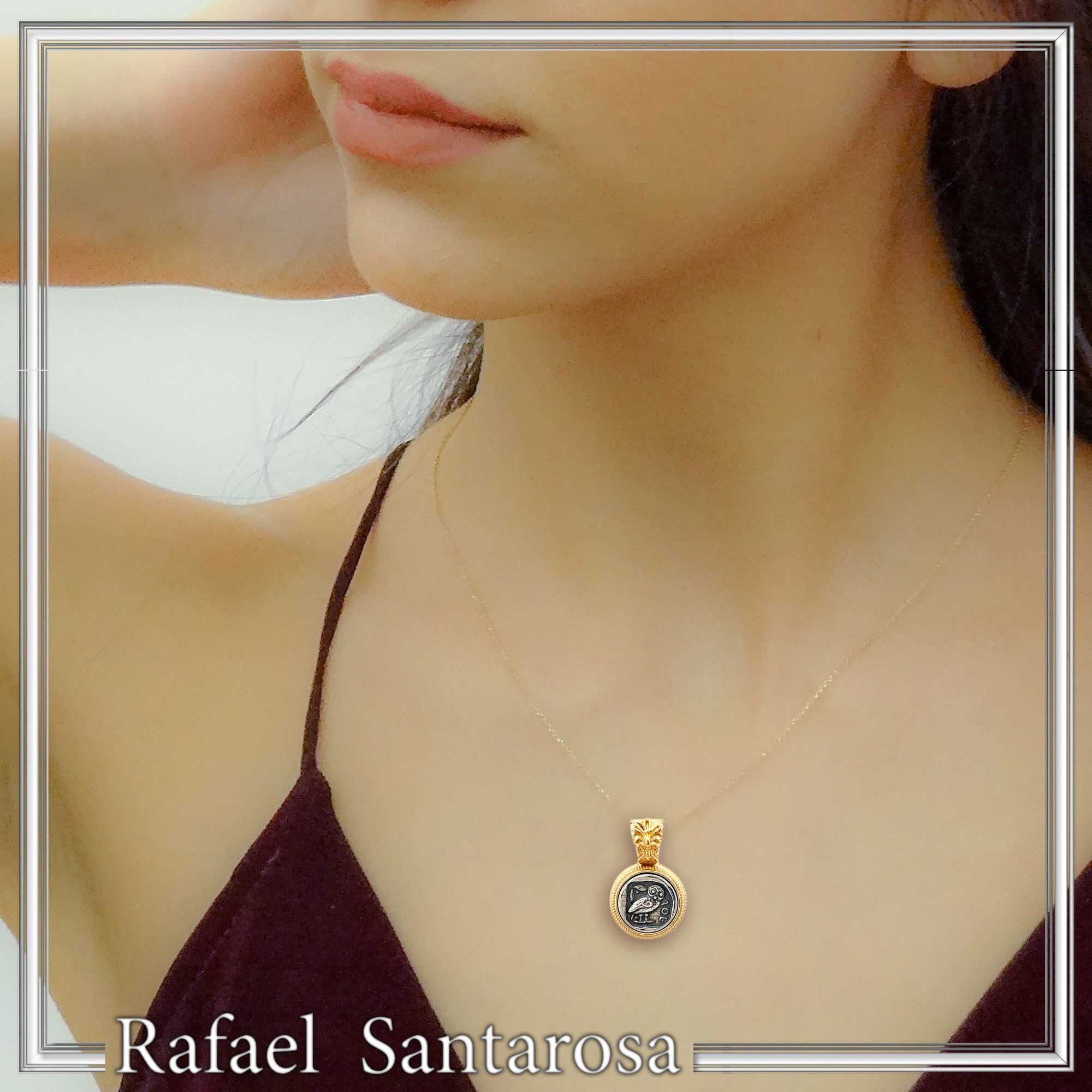 Athena Owl Tetradrachm Coin Antefix Pendant: Sterling Silver oxidised on 18K Gold-Filled Filigree Base — additional product image 2 from Rafael Santarosa Fine Jewelry