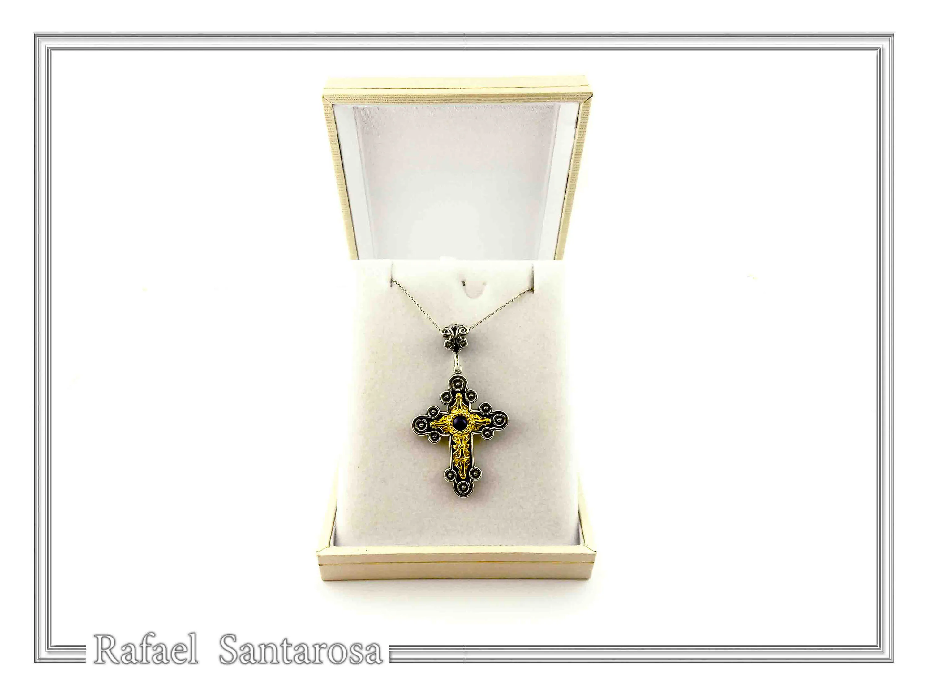 Natural Lapis Lazuli Byzantine Religious Cross: Oxidized Sterling Silver and 18K Gold Filled — additional product image 7 from Rafael Santarosa Fine Jewelry