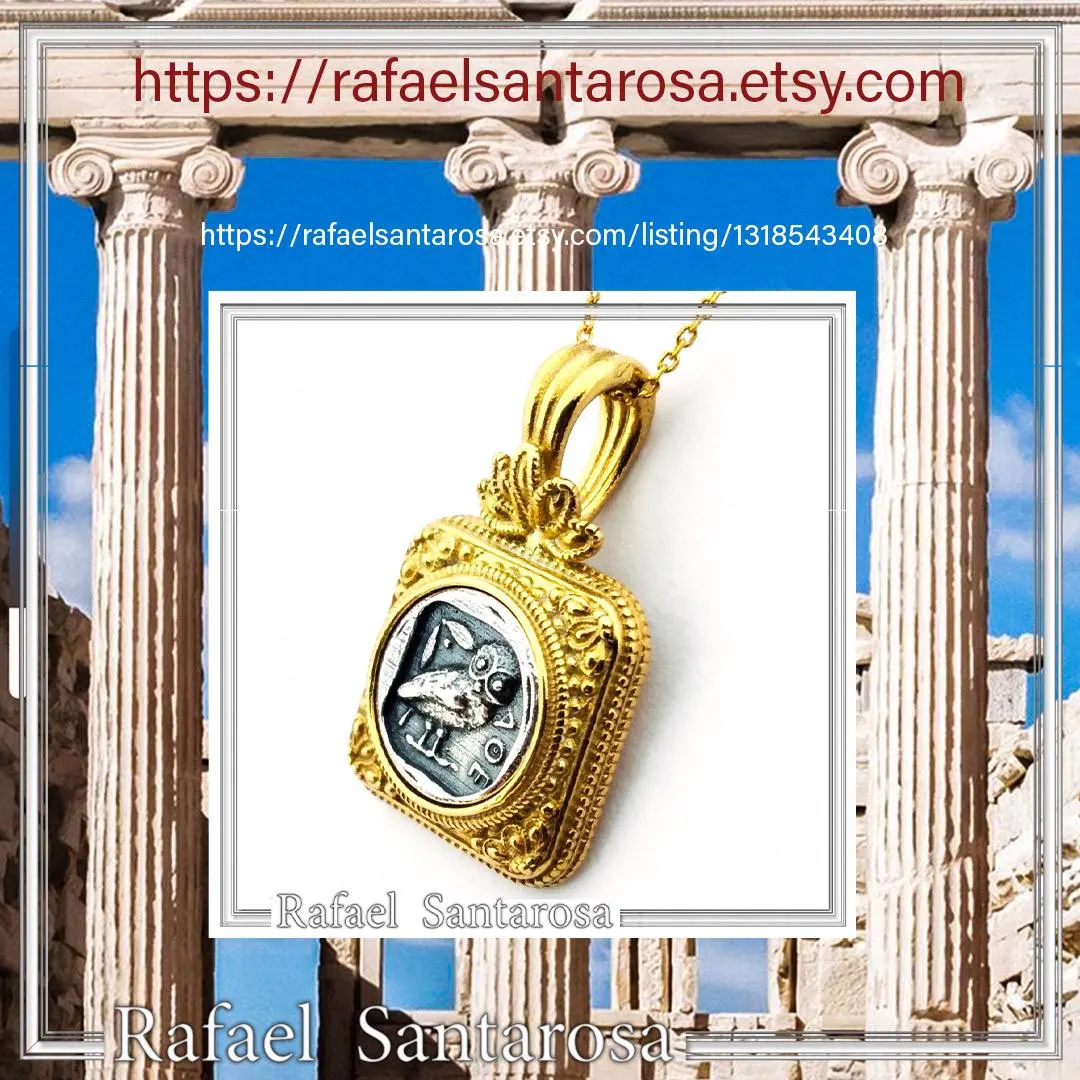 Athena Owl Tetradrachm Coin Ancient Greek Style Necklace: Oxidized Sterling Silver & 18K Gold filled — additional product image 10 from Rafael Santarosa Fine Jewelry