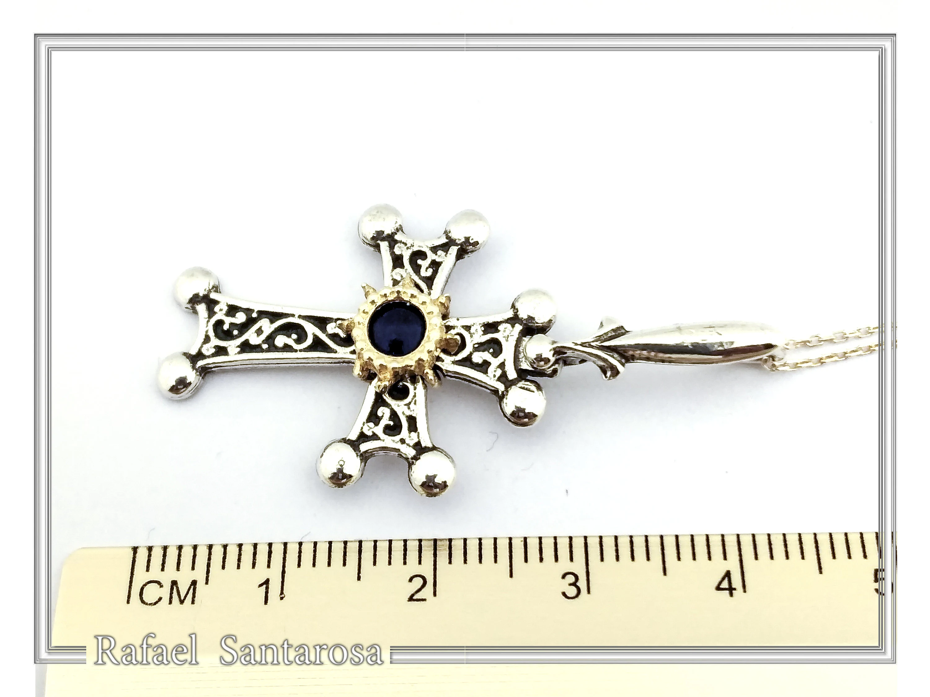 Byzantine Silver Hand engraved Cross with Genuine Amethyst: Oxidized silver, 18K gold Filled Bezel — additional product image 8 from Rafael Santarosa Fine Jewelry