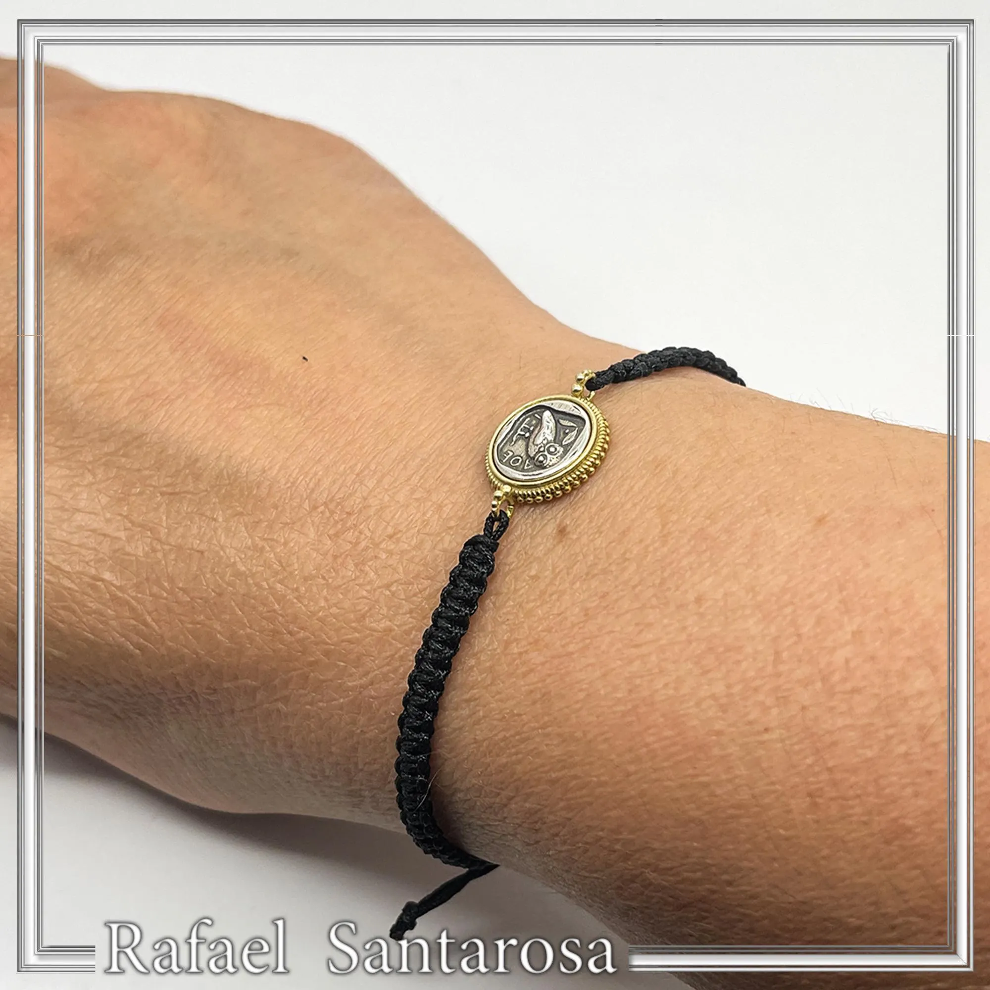 Owl Coin Bracelet Macrame Cord 18K Gold Filigree Base, Oxidized Sterling Silver Tetradrachm coin — additional product image 10 from Rafael Santarosa Fine Jewelry
