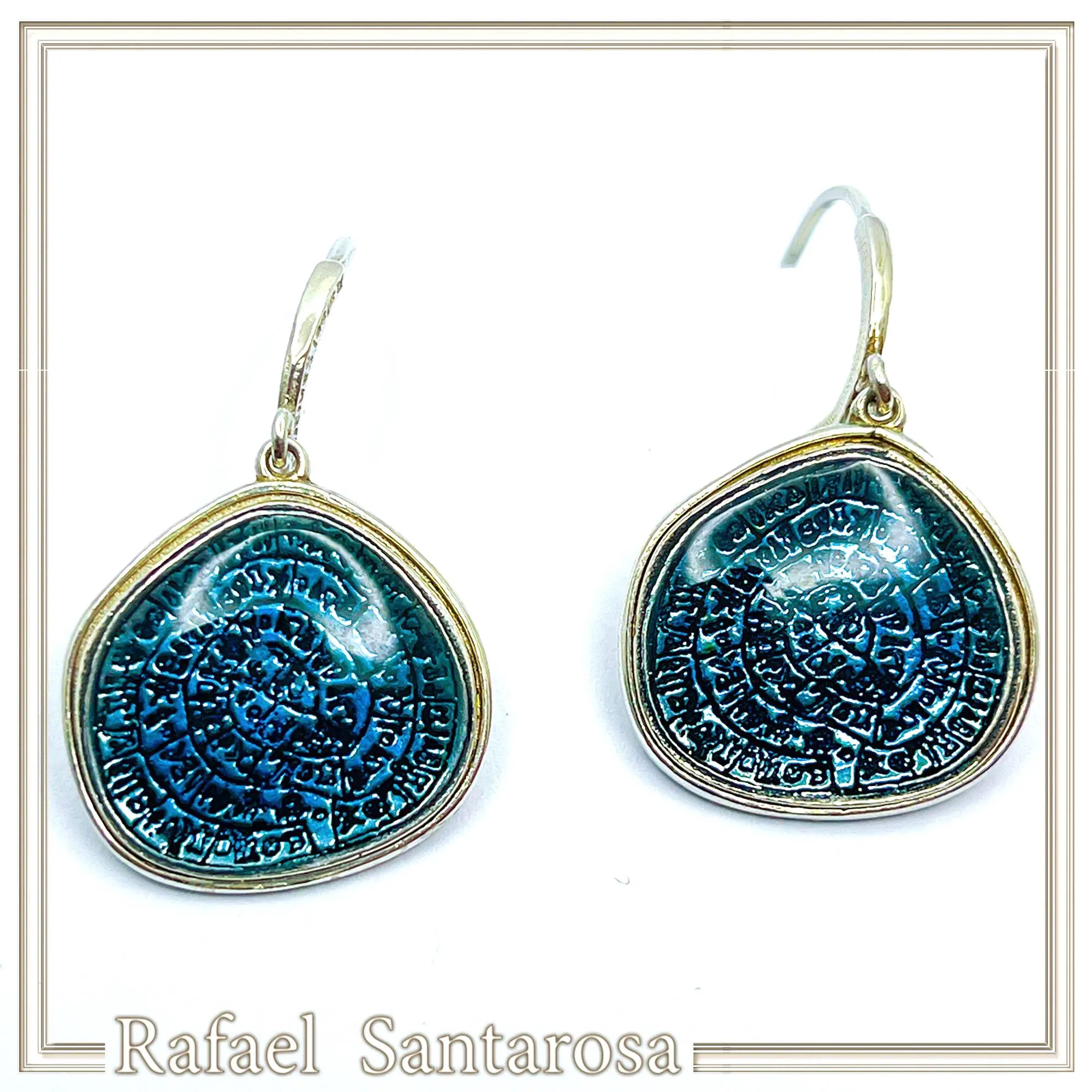 Ancient Minoan Calendar Replica Phaistos Disc Earrings: Oxidized Sterling Silver Sky Blue Transparent Enamel — additional product image 2 from Rafael Santarosa Fine Jewelry