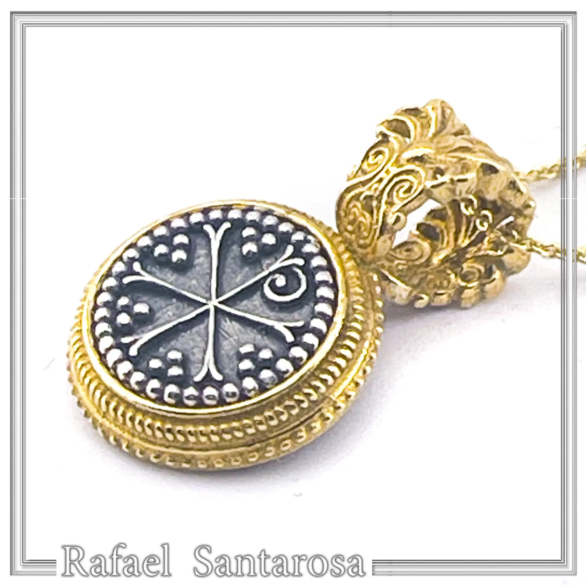 Chi Rho Christogram Jesus Symbol Necklace: Oxidized & Gold Filled Filigree Sterling Silver — additional product image 2 from Rafael Santarosa Fine Jewelry