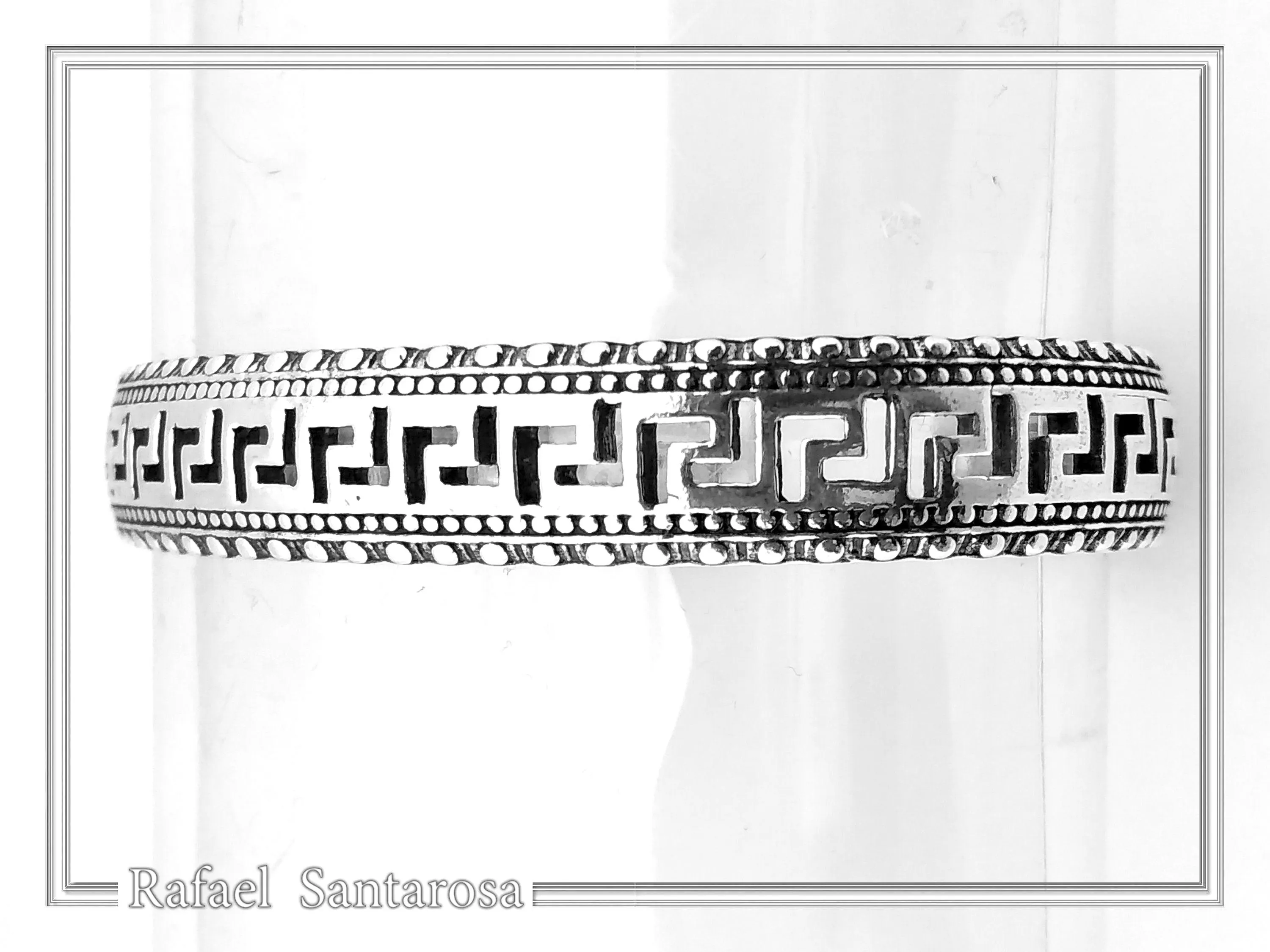 Greek Key Meander Oxidized Sterling Silver Cuff Bracelet, Museum Inspired Unisex Adjustable Jewelry — additional product image 7 from Rafael Santarosa Fine Jewelry