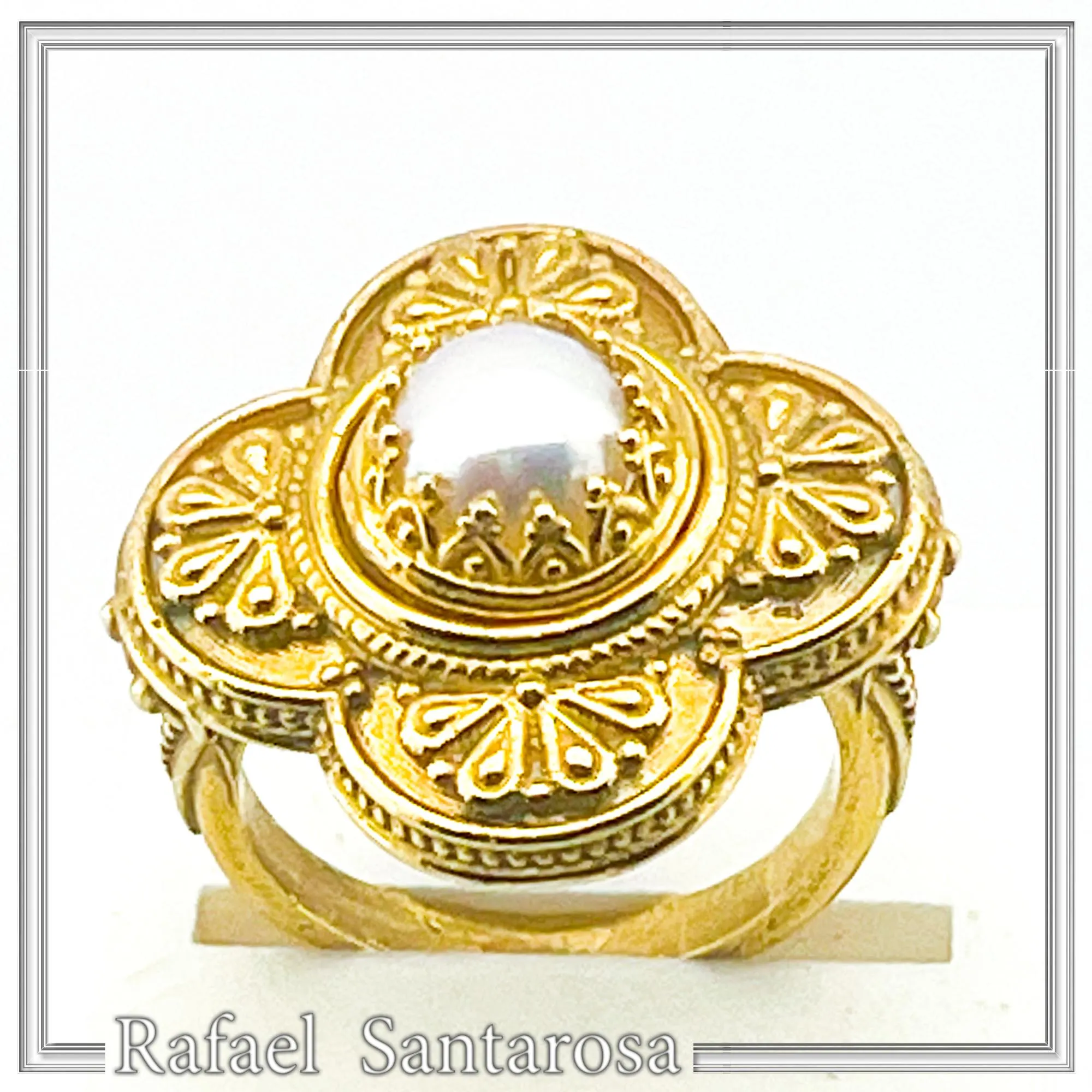 Byzantine Cross Ring: Natural Pearl, Sterling Silver 18K Gold-Filled Filigree — additional product image 2 from Rafael Santarosa Fine Jewelry